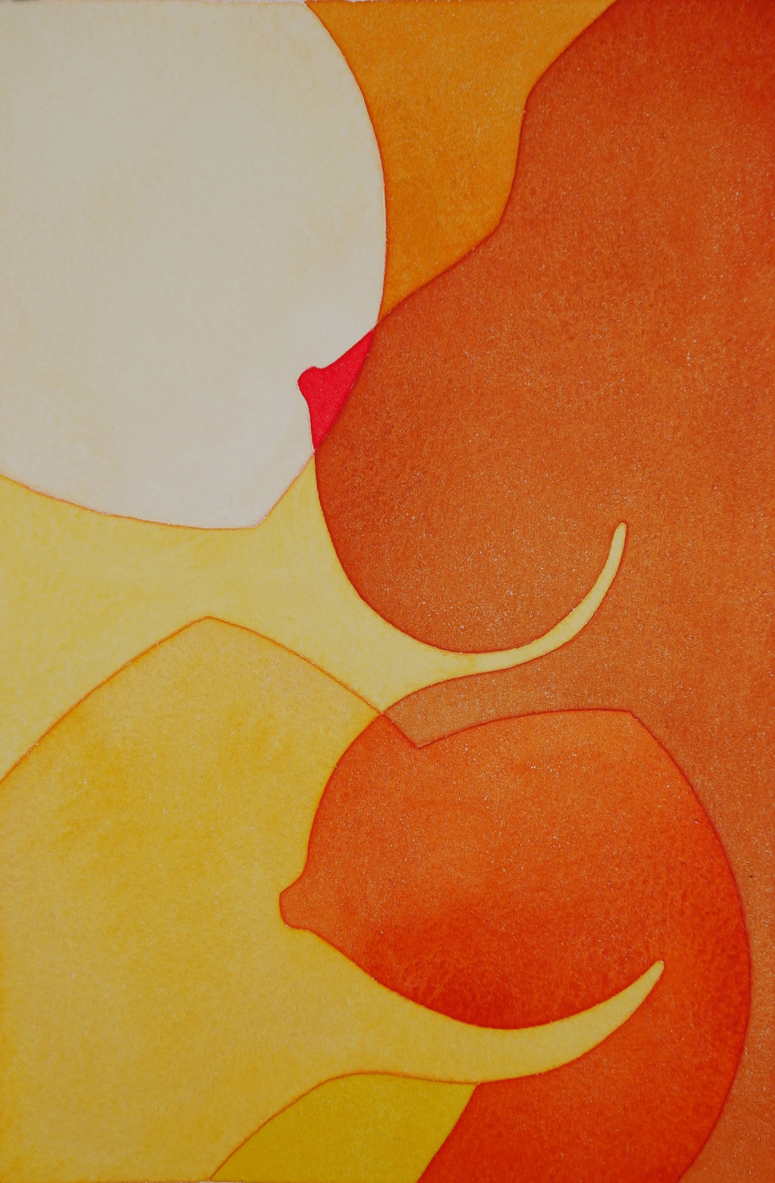 Un collage de formes colorées en papier découpé, principalement en nuances de jaune, orange, rouge et blanc.