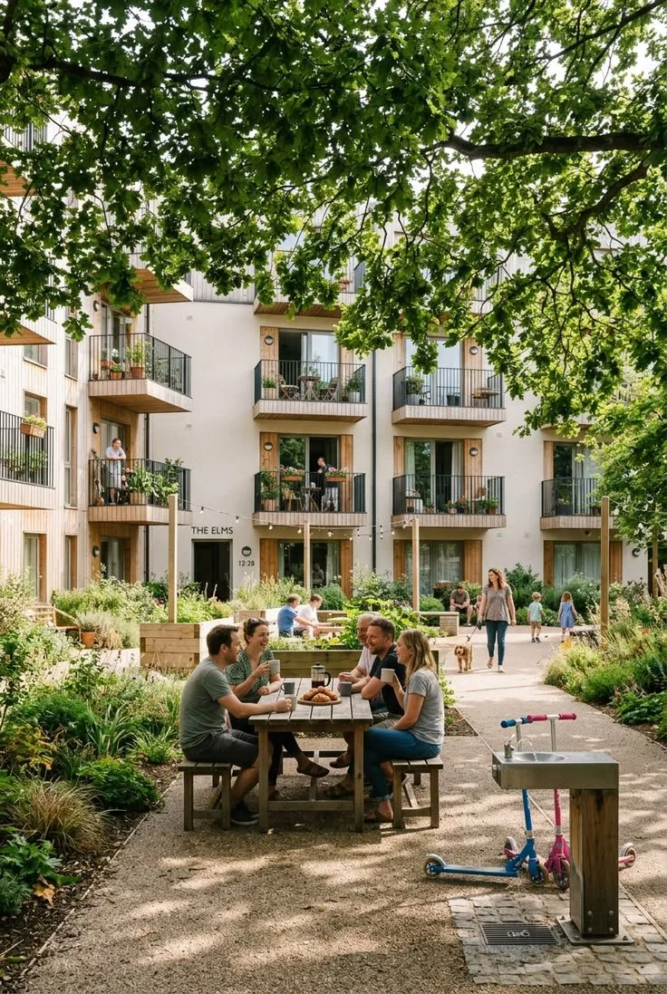 Un groupe de personnes assises autour d'une table en plein air dans un jardin, avec un immeuble résidentiel à l'arrière, enfants jouant, et arbres verdoyants au-dessus.