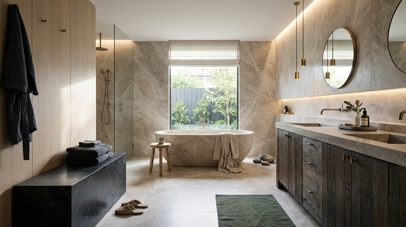 Salle de bain lumineuse avec baignoire, double lavabo en pierre avec meuble en bois, miroir, penderie avec draps, tapis vert, et vue sur jardin par la fenêtre