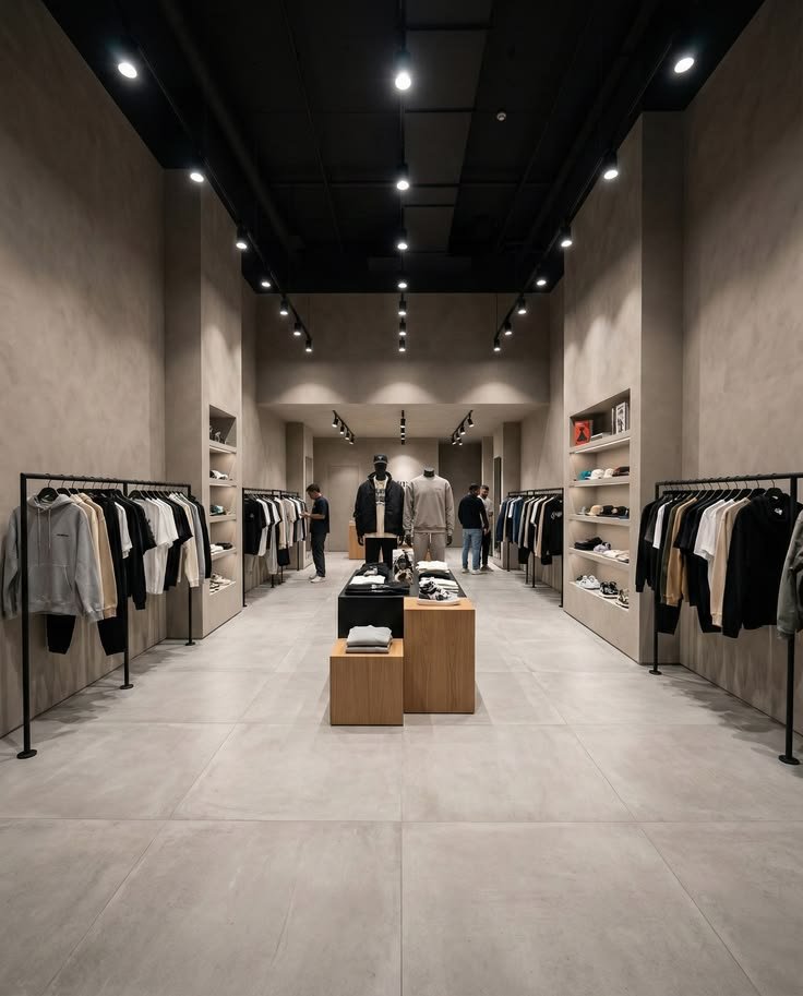 Intérieur d'un magasin de vêtements moderne avec des étagères et des rails pour vêtements, mannequins exposant des vêtements et des clients faisant du shopping.
