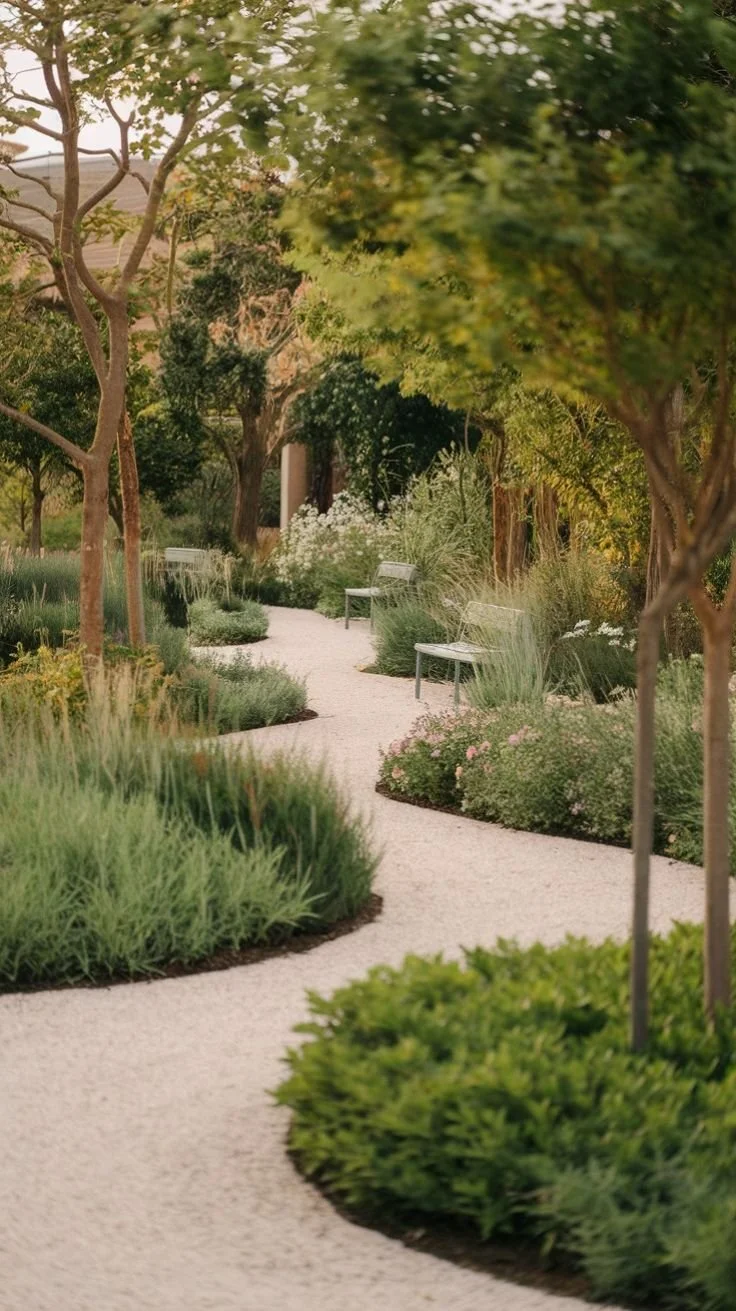 Un chemin sinueux bordé d'arbres et d'arbustes verts, avec des bancs en métal blanc le long du chemin dans un jardin paisible.