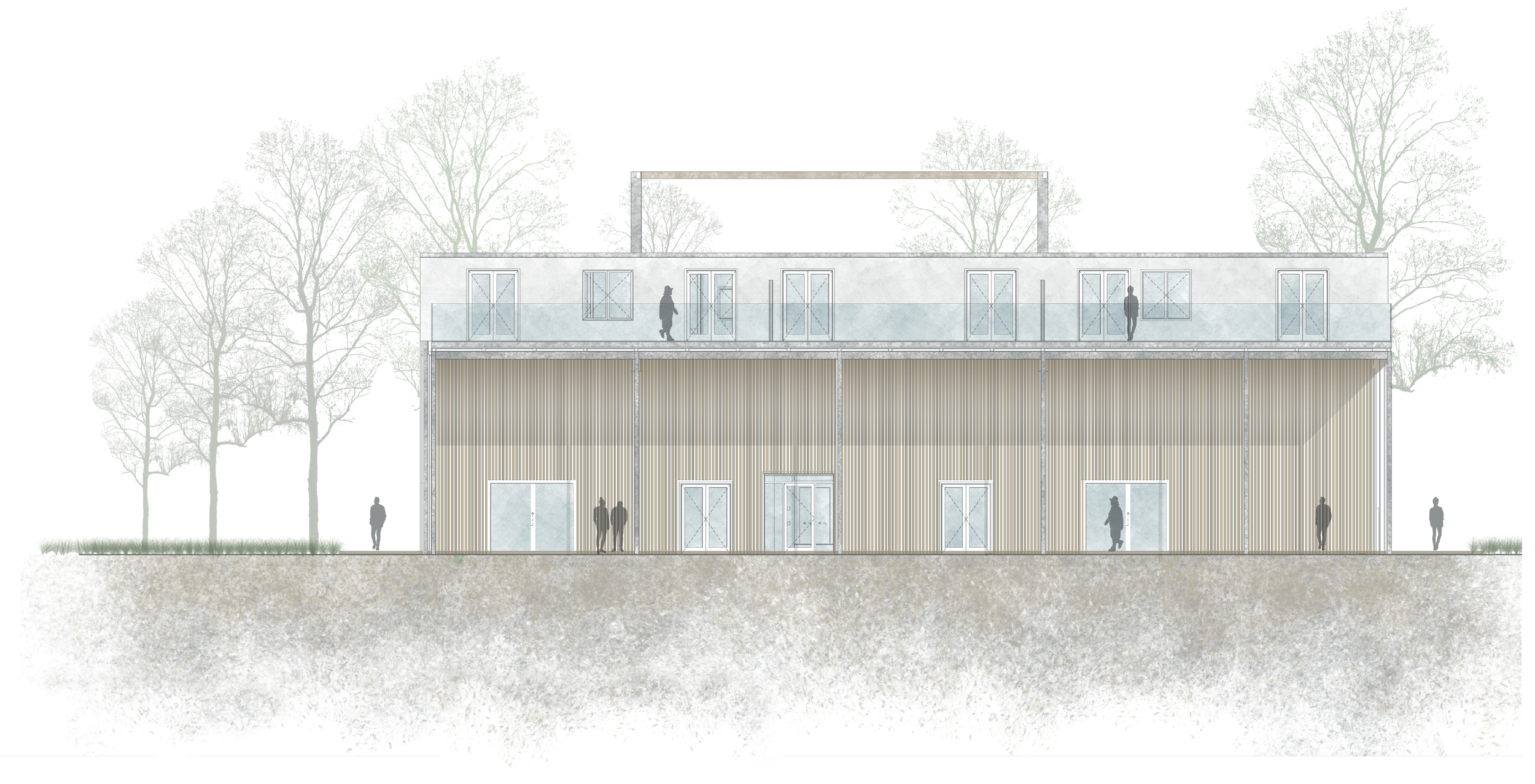 Plan architectural d'un bâtiment moderne avec un étage supérieur, des fenêtres et des portes, entouré d'arbes et de personnes