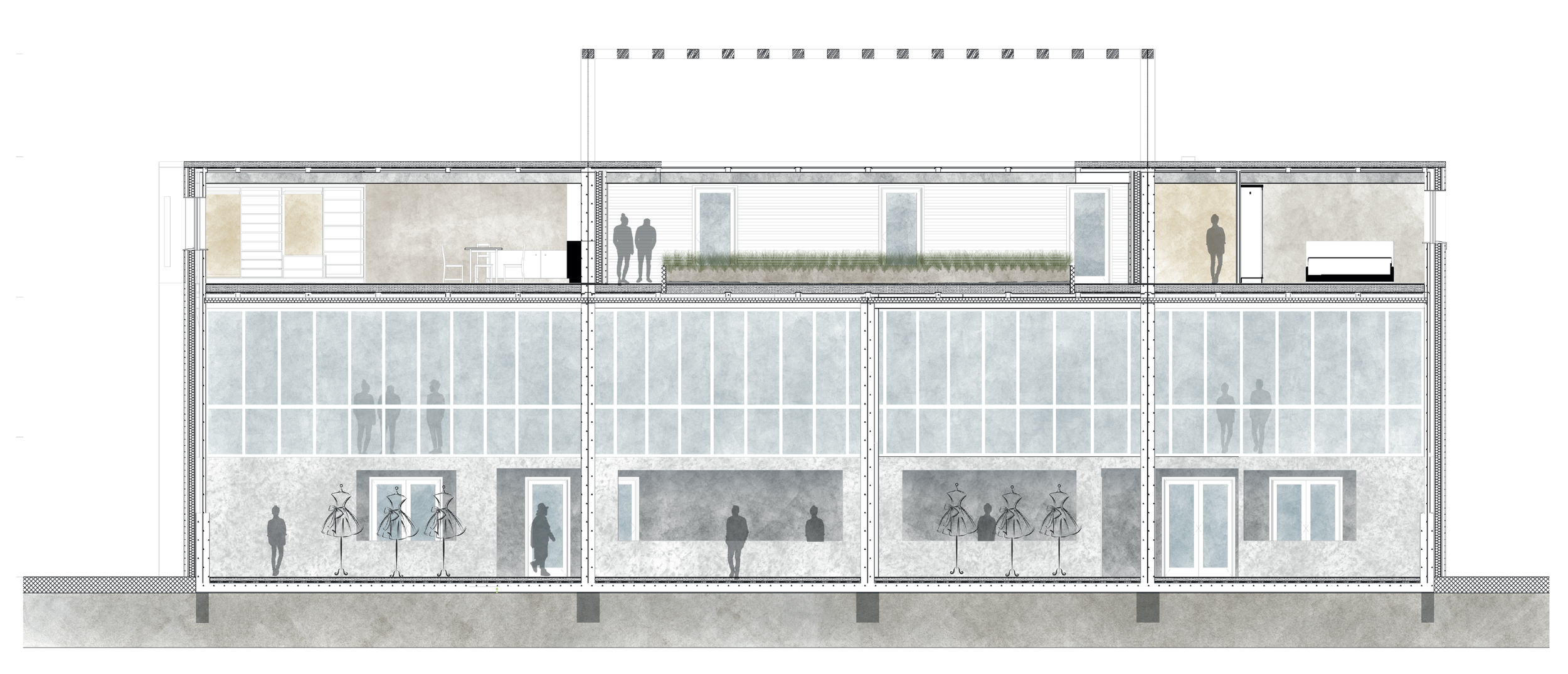 Plan architectural d'un bâtiment avec trois niveaux, montrant des espaces intérieurs et une façade en verre, avec des silhouettes humaines.