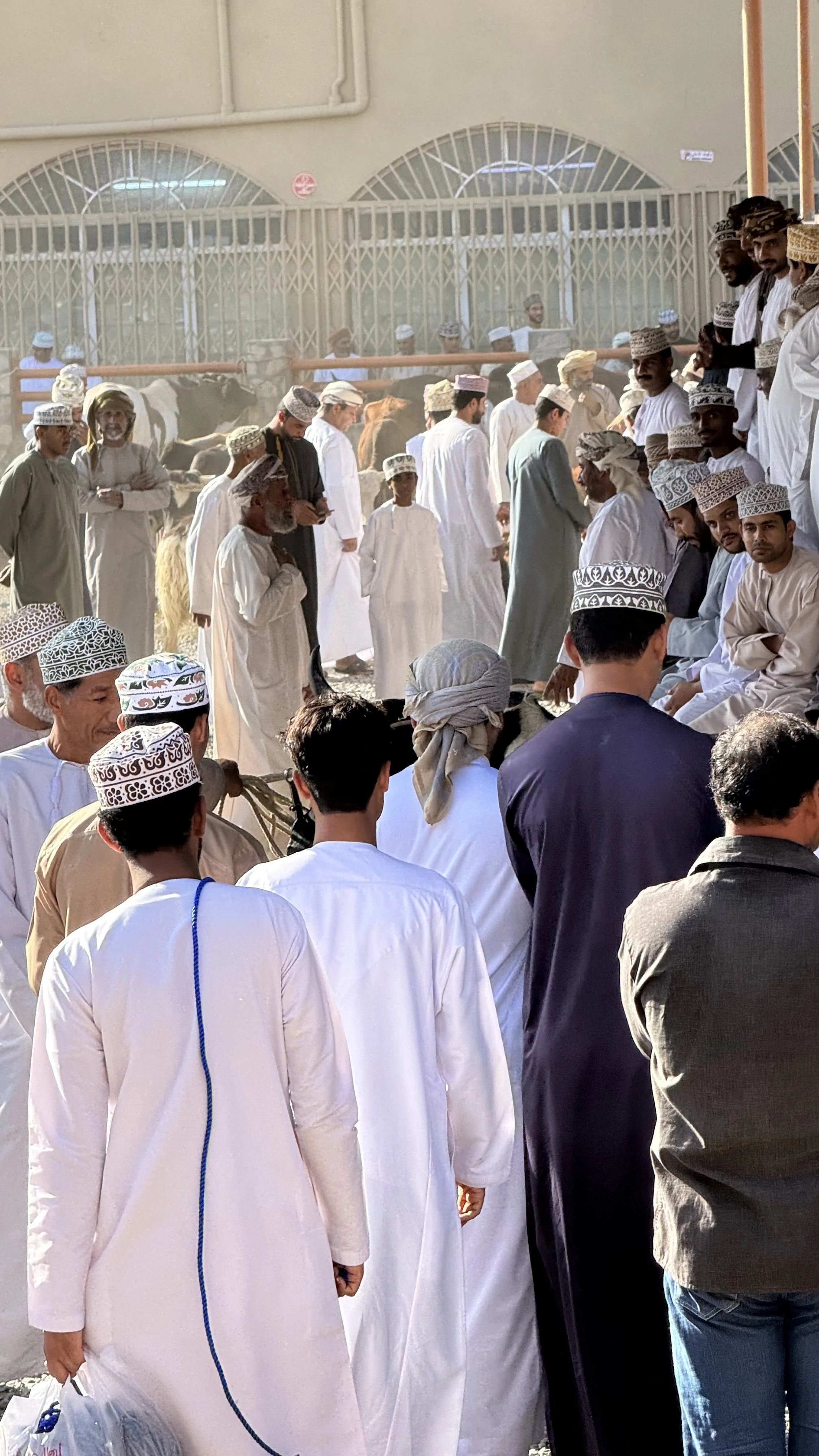 Menschen in traditioneller Kleidung nehmen an einer religiösen Zeremonie teil, mit einigen Tieren im Hintergrund.