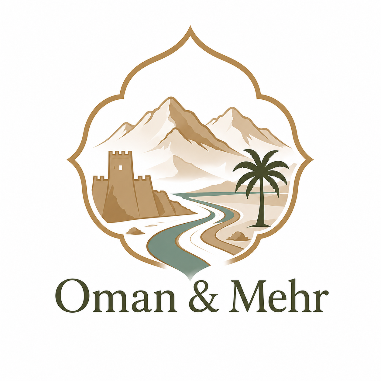 Ein Wappen mit Bergen, Wasser, Palmen und einer Festung, darunter steht der Text "Oman & Mehr".