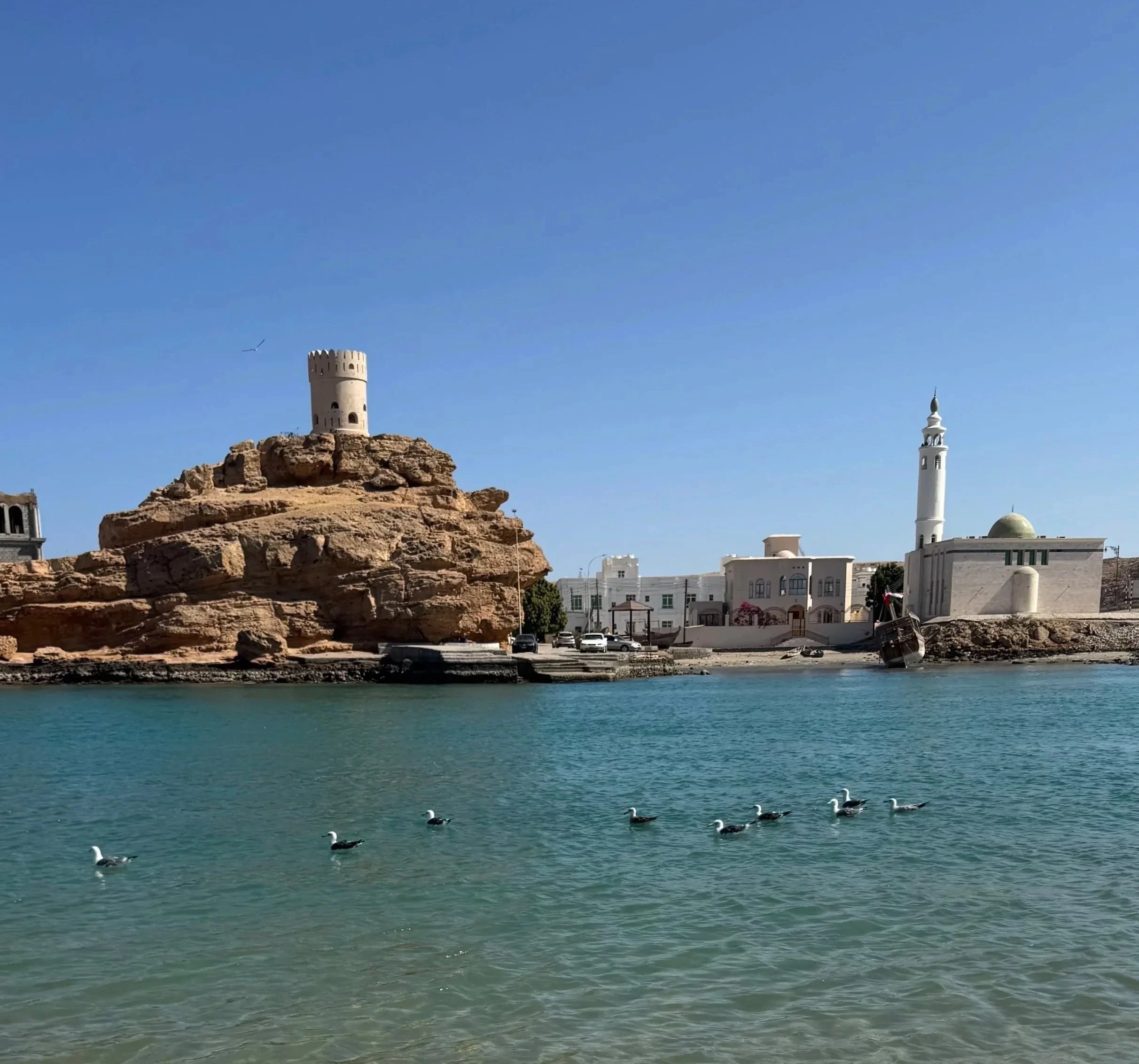 Blick auf einen Hafen mit Segelbooten im Wasser, eine weiße Moschee mit Minarett im Hintergrund, Felsen, Gebäude und eine blaue Himmelsszene.