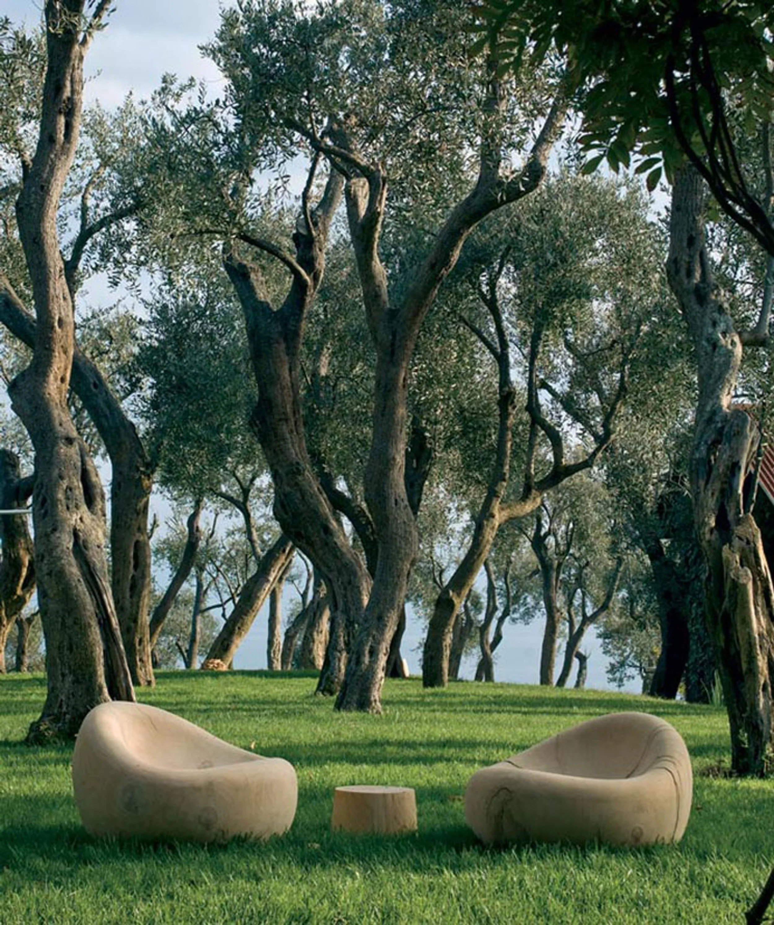 A scenic outdoor setting features modern beige seating with a circular coffee table, set on green grass beneath tall, leafy trees with a blue sky and water visible in the background.