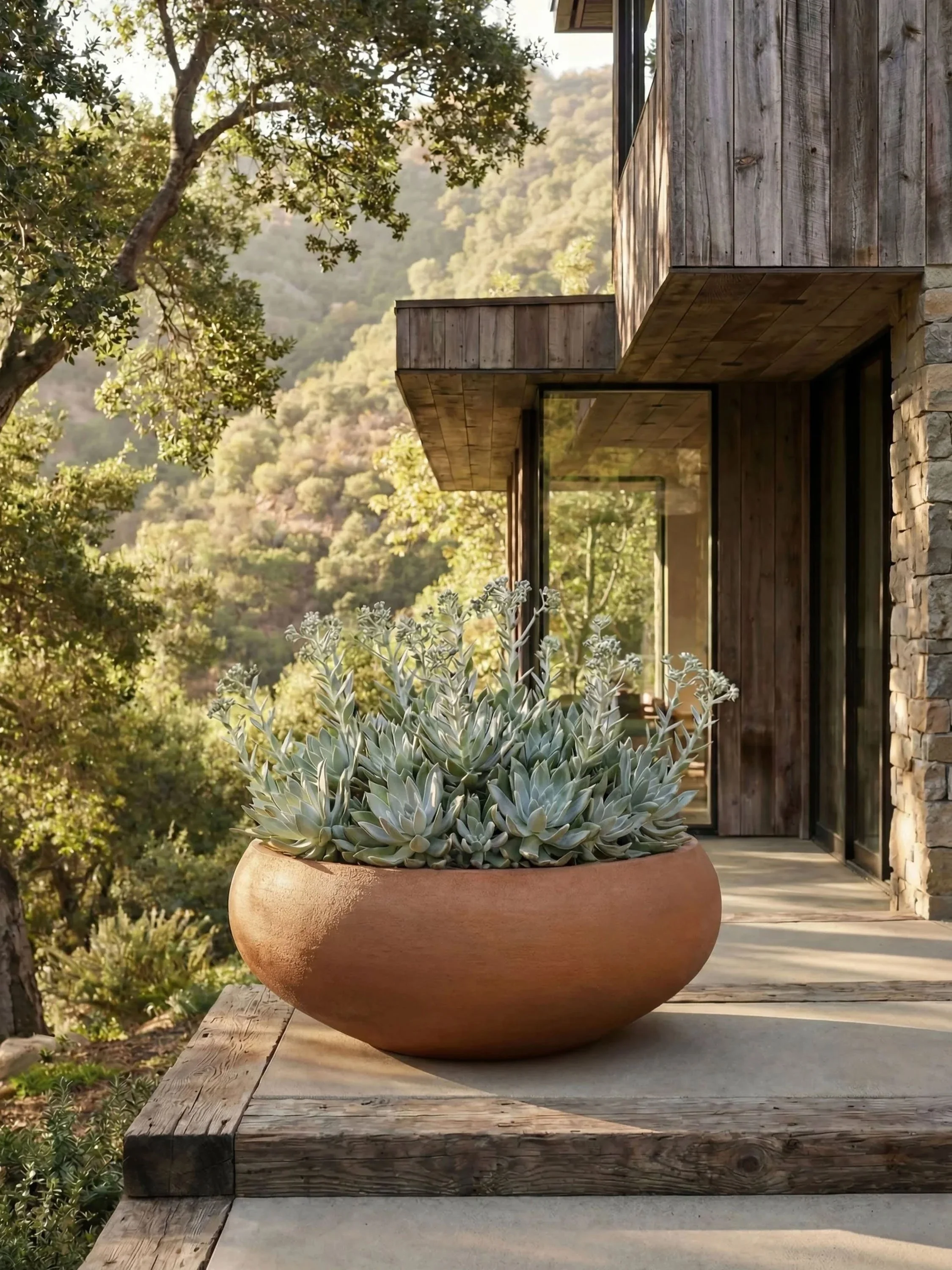 A round terracotta planter with green succulents on a wooden porch, with a house and hills in the background.
