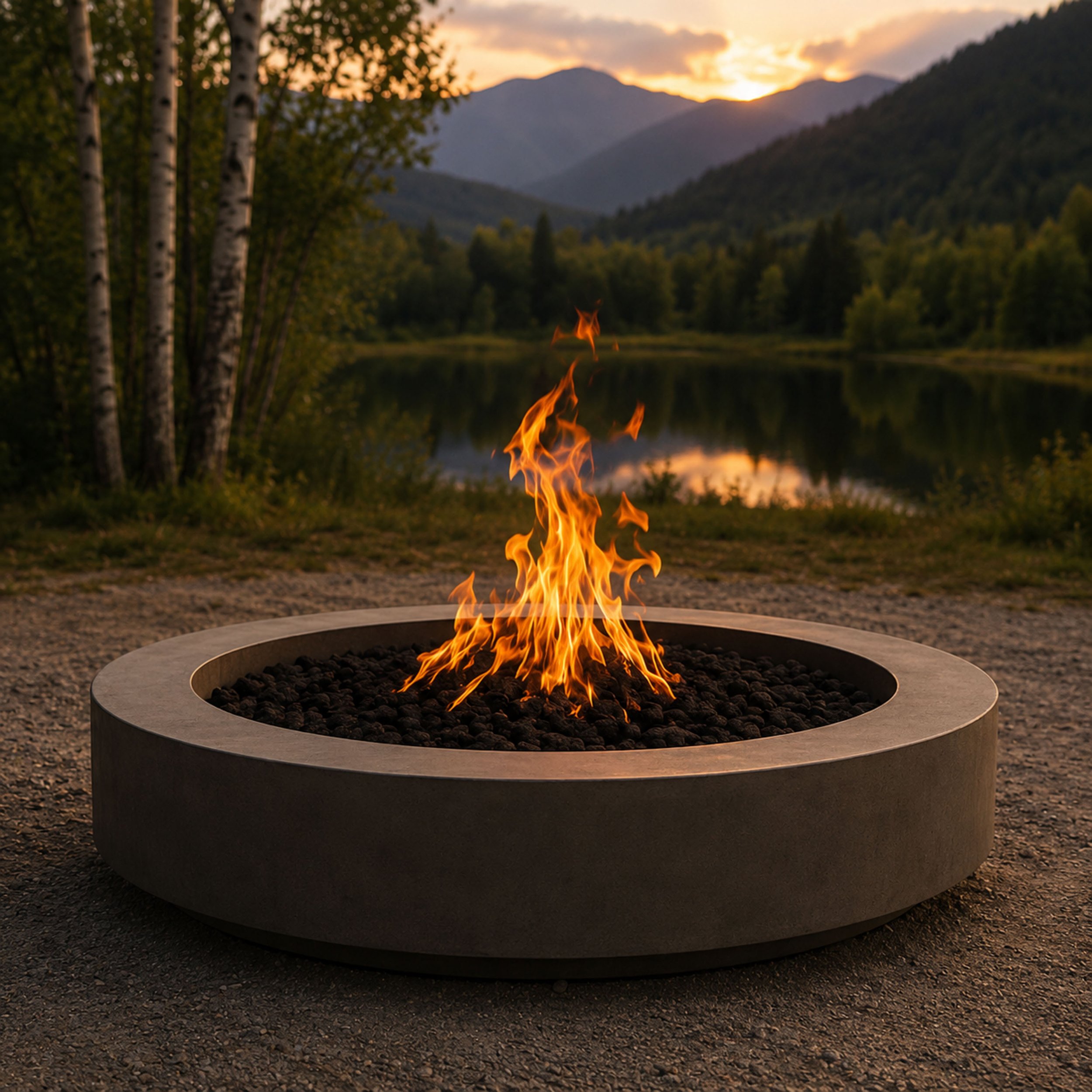 Fire pit with flames burning on rocks, lilies in the foreground, a lake surrounded by trees, mountains in the background during sunset.