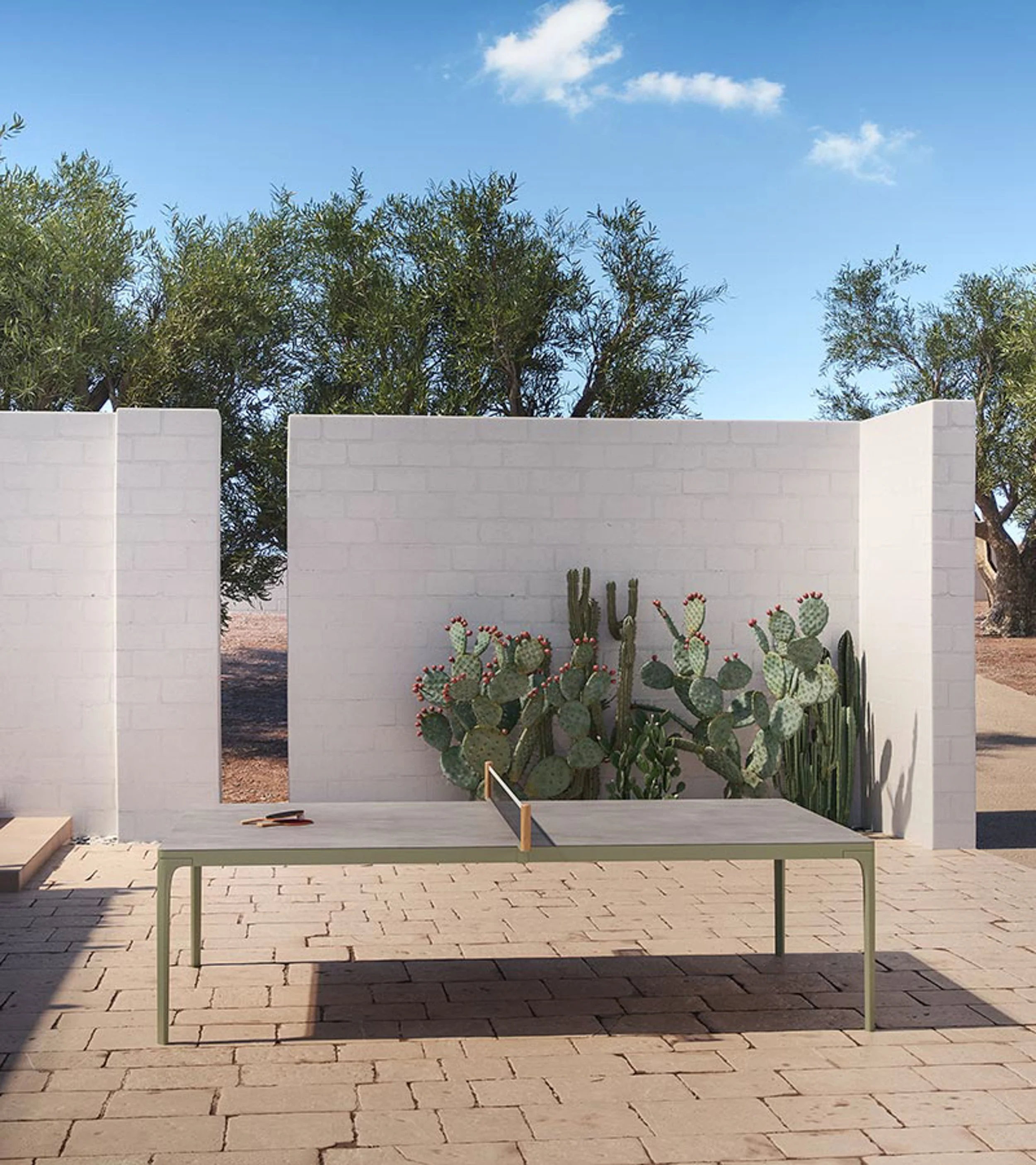 A white brick wall with a cactus garden behind it and a blue sky with some clouds above. In front of the wall, there is a table tennis table with a paddle and ball on it, and a small bench underneath.