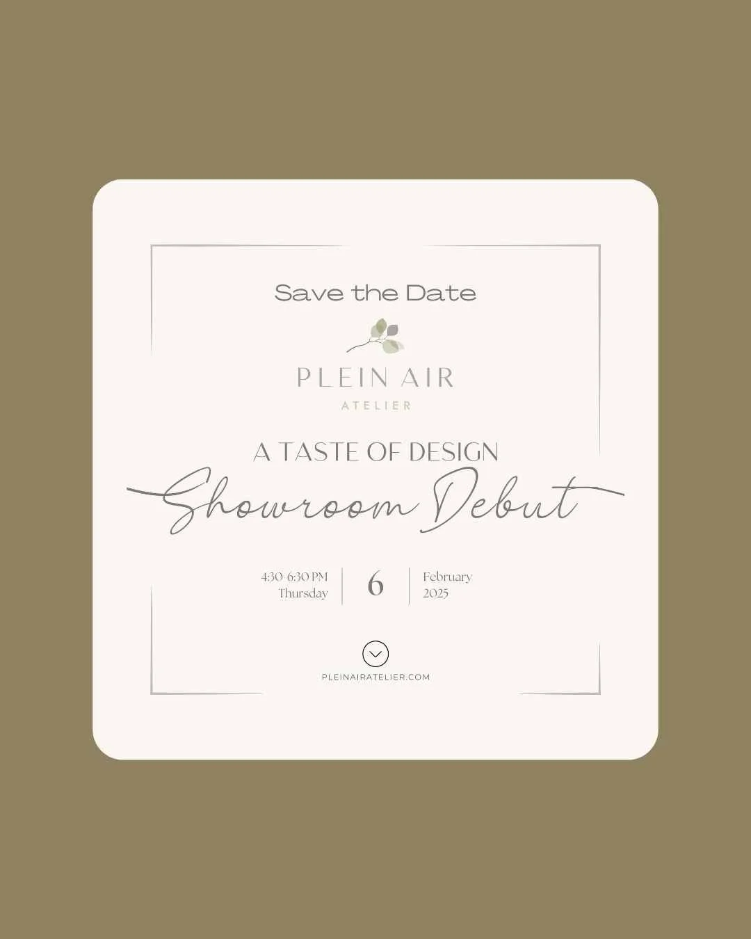 A digital invitation for a showroom debut event, featuring a simple, elegant design with a neutral color palette, showcasing event details including date, time, and website.