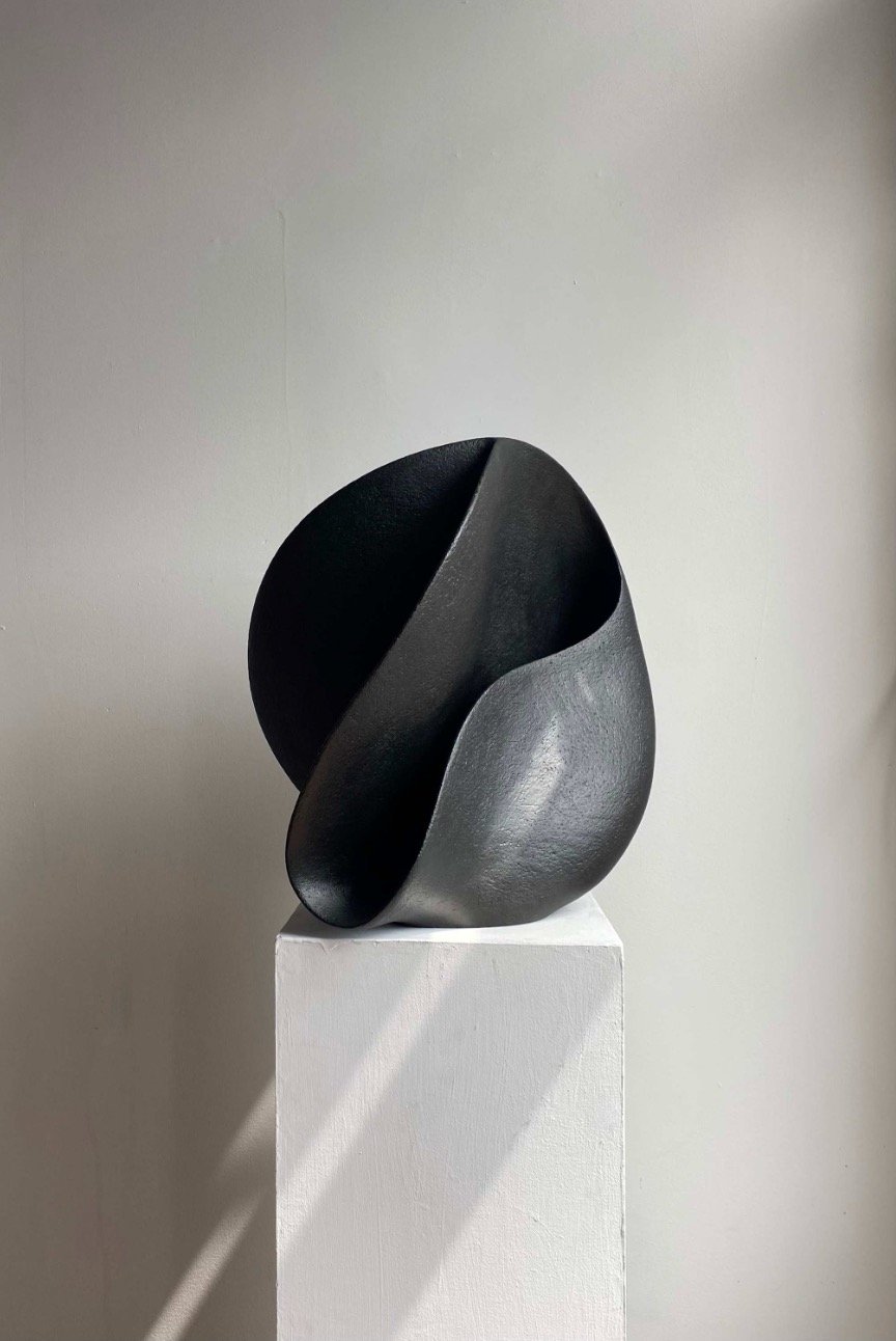 Abstract black and gray sculpture on a white pedestal, with smooth curved shapes and textured surfaces, against a plain wall.