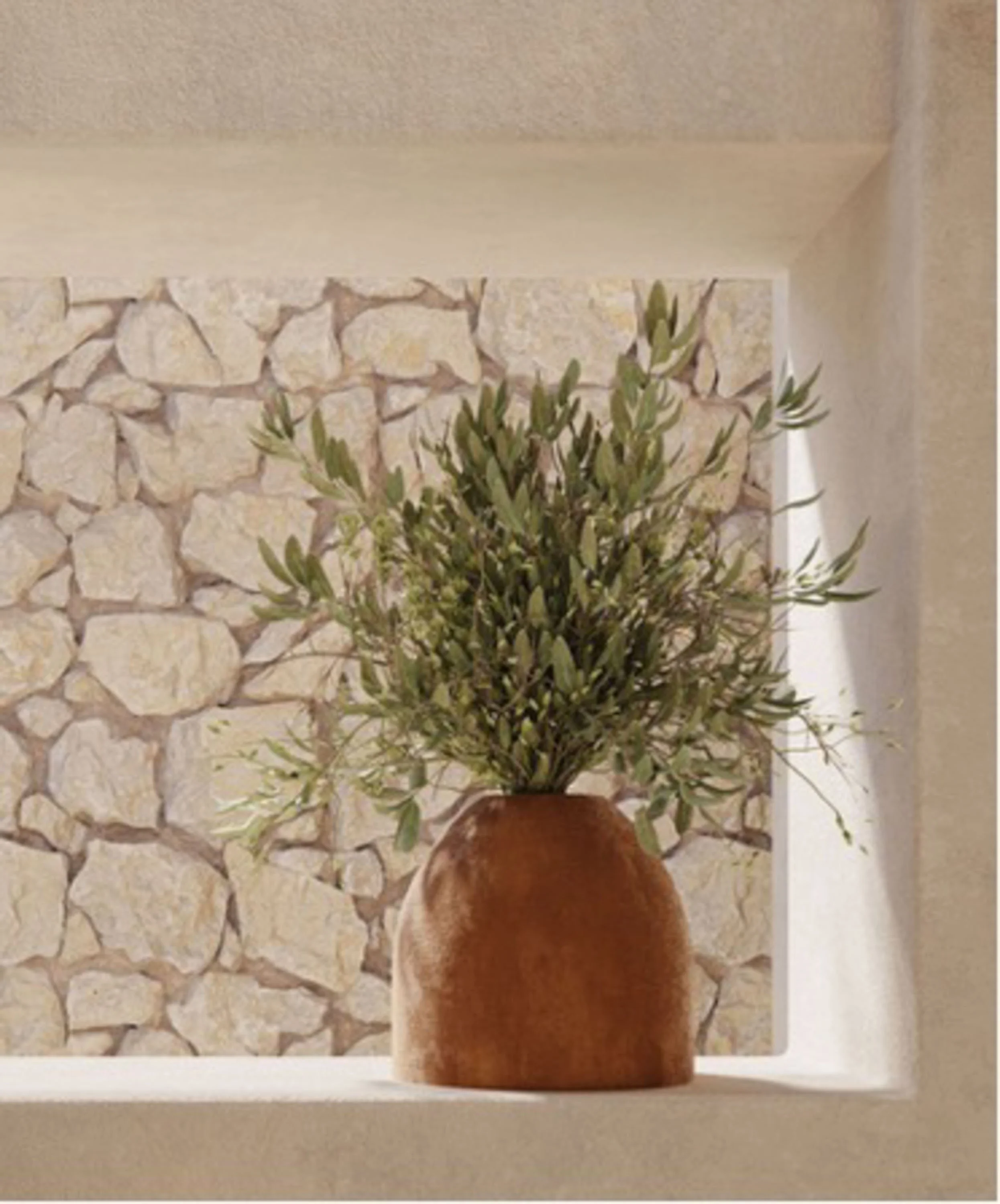 A small potted plant with green leaves is placed on a white surface, with a background of a stone wall and part of a beige wall.