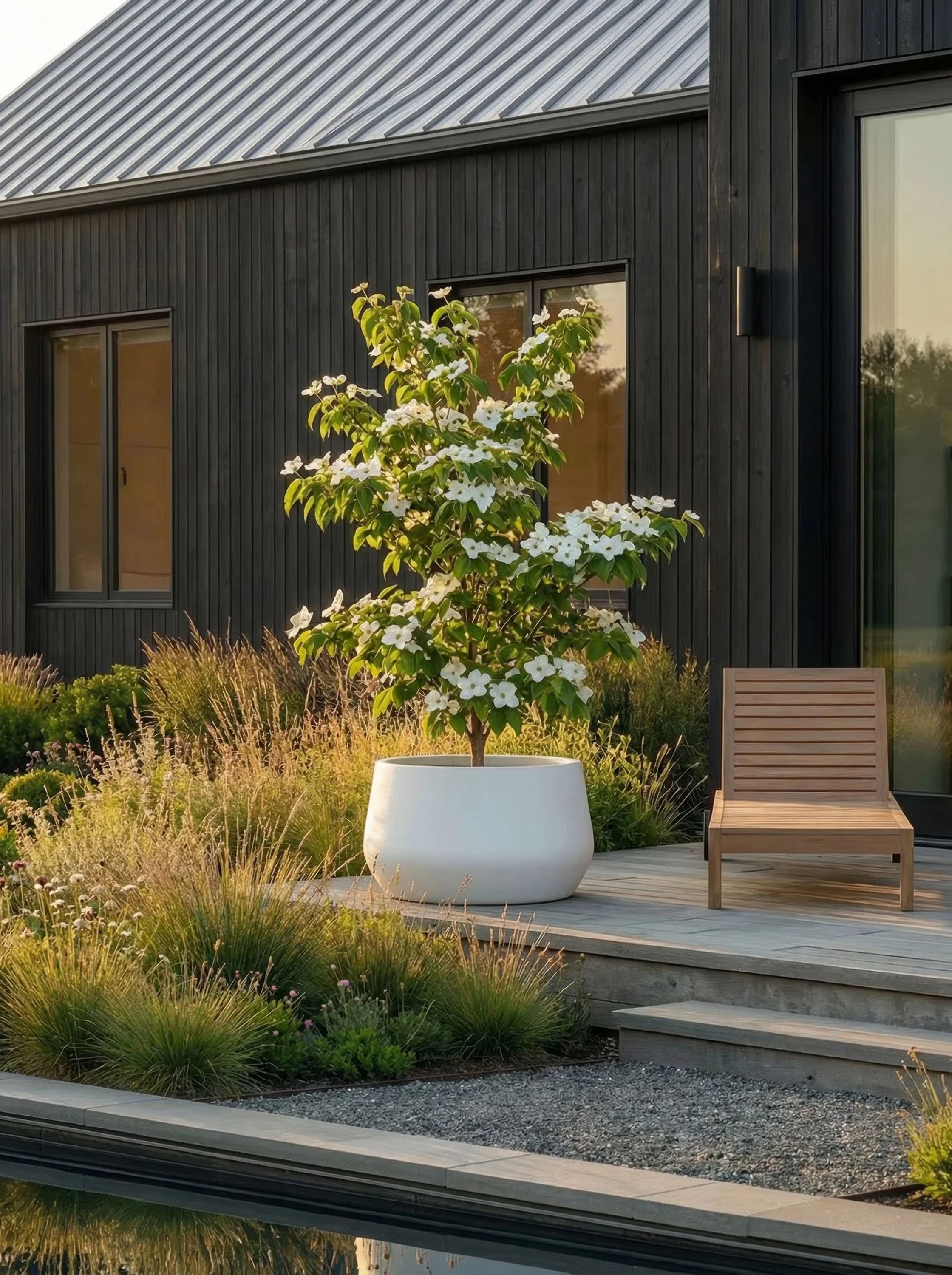 Modern black house with large glass windows and a metal roof. In front, there is a small tree with white flowers in a white pot, surrounded by garden plants and a wooden chair on a wooden deck.