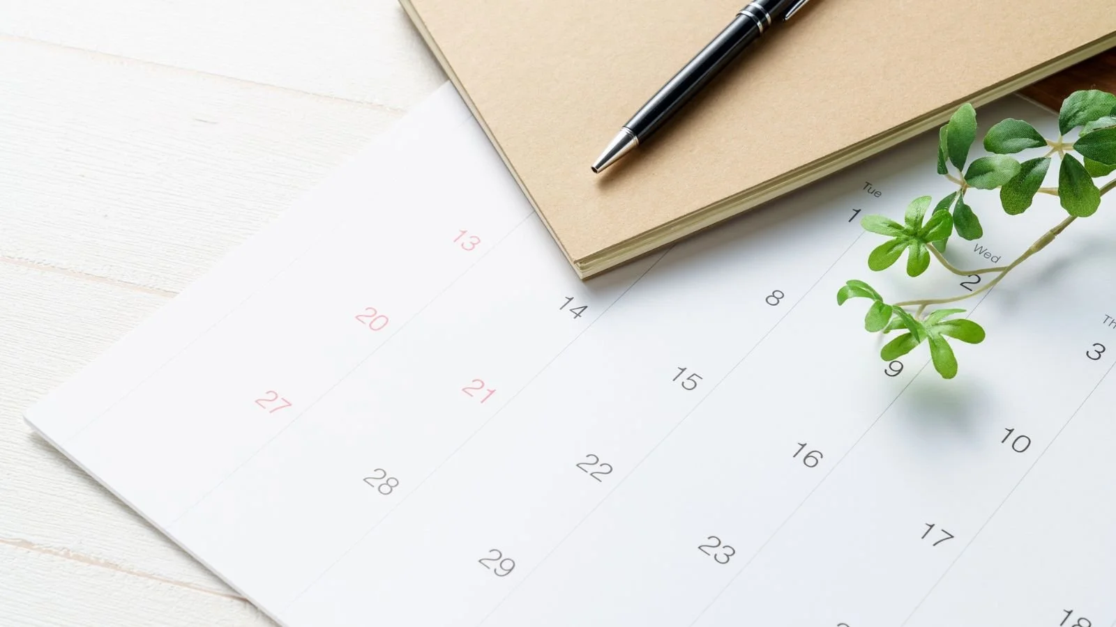 Calendar, notebook, a pen and a plant on a desk ready to plan a vacation.
