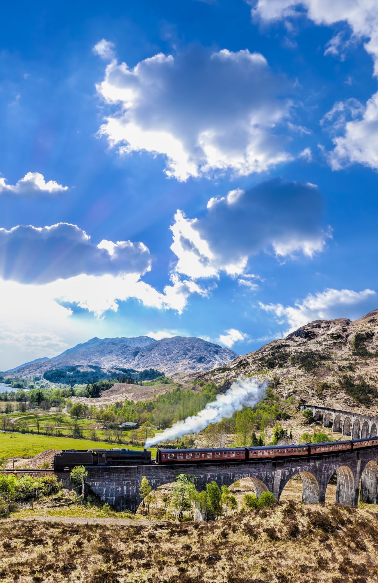 The Jacobite Train in Scotland with steam coming out of it in the Scottish countryside.