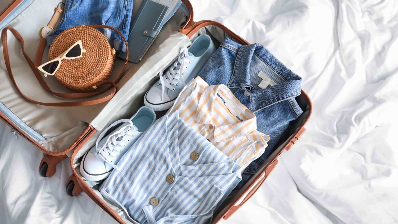 Open suitcase packed with clothing, shoes, sunglasses, and travel essentials.