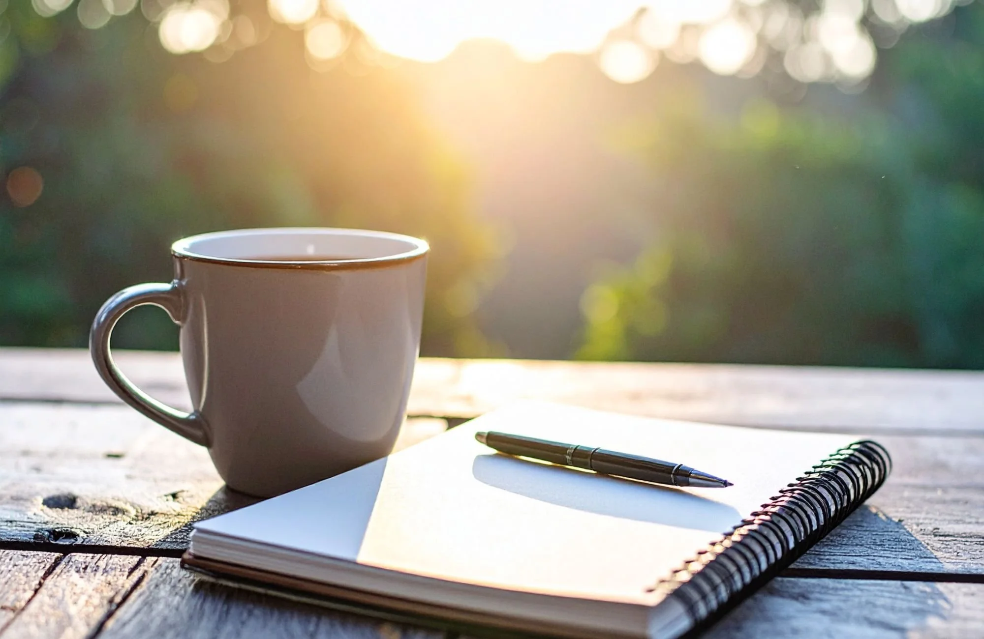 A notebook, pen and cup of coffee with a sunrise.