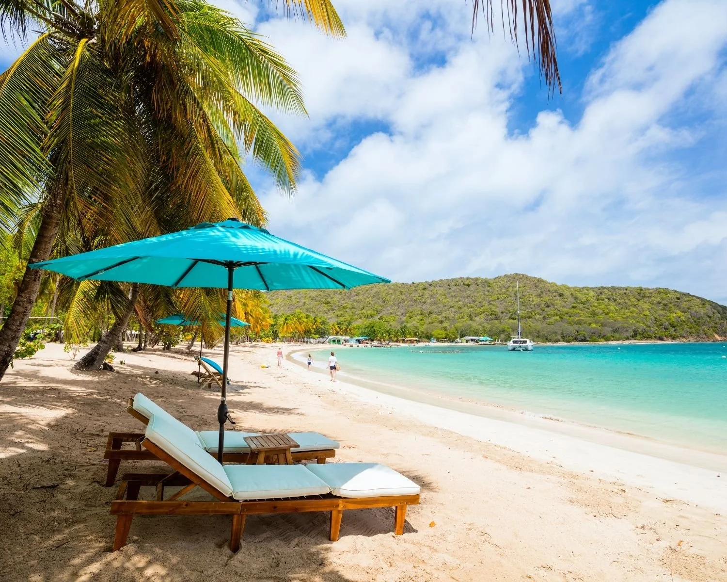 A beautiful Caribbean beach with loungers, umbrellas, palm trees, and a view of the turquoise Caribbean waters.