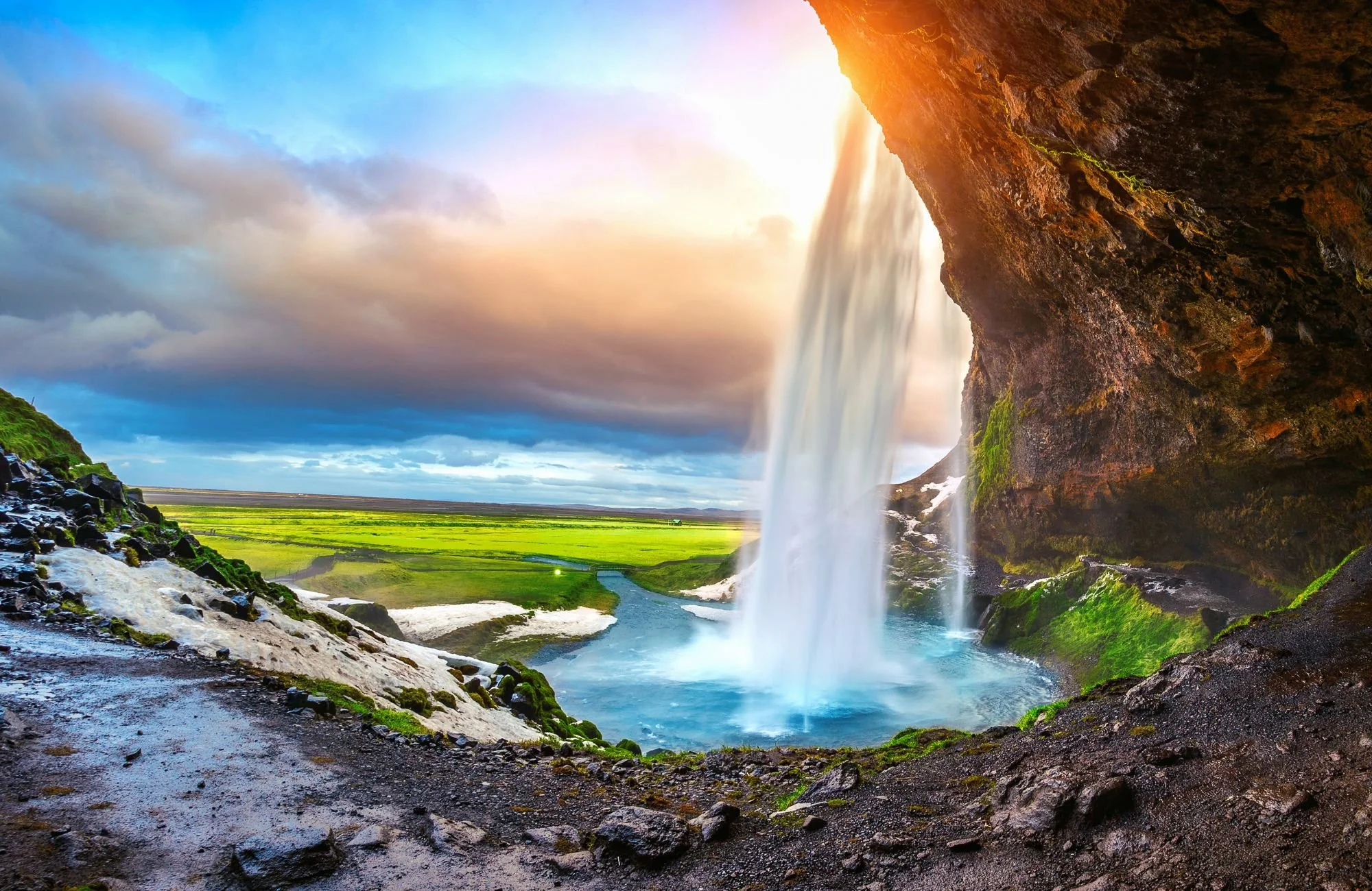 A beautiful waterfall on the Snaefellsnes Peninsula in Iceland at sunset