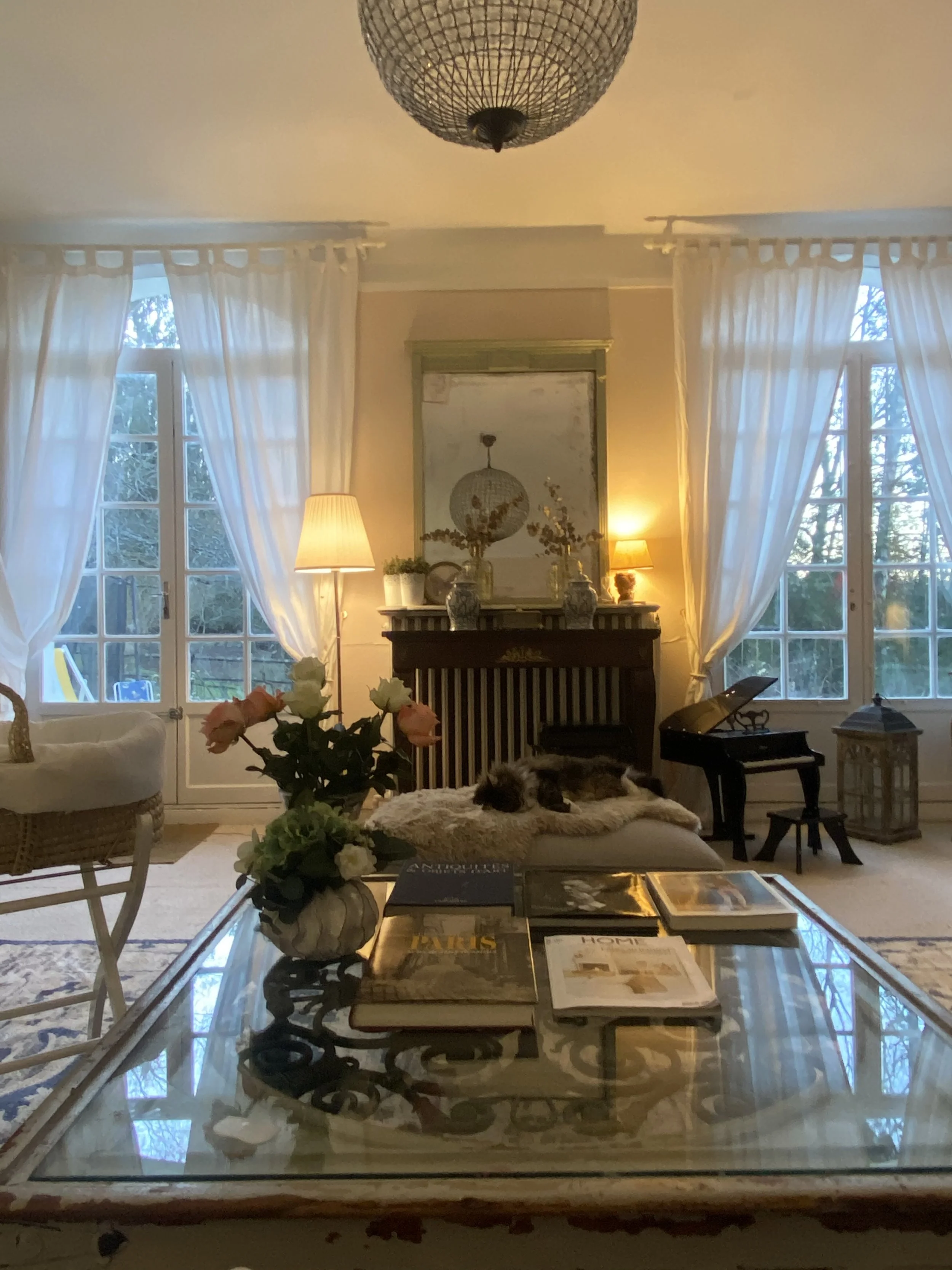 Salon intérieur avec deux fenêtres donnant sur un jardin, deux lampes allumées, un miroir, des vases avec des fleurs, une table avec des livres, un bureau pour jouer du piano, un miroir au mur et un chat allongé sur un coussin.