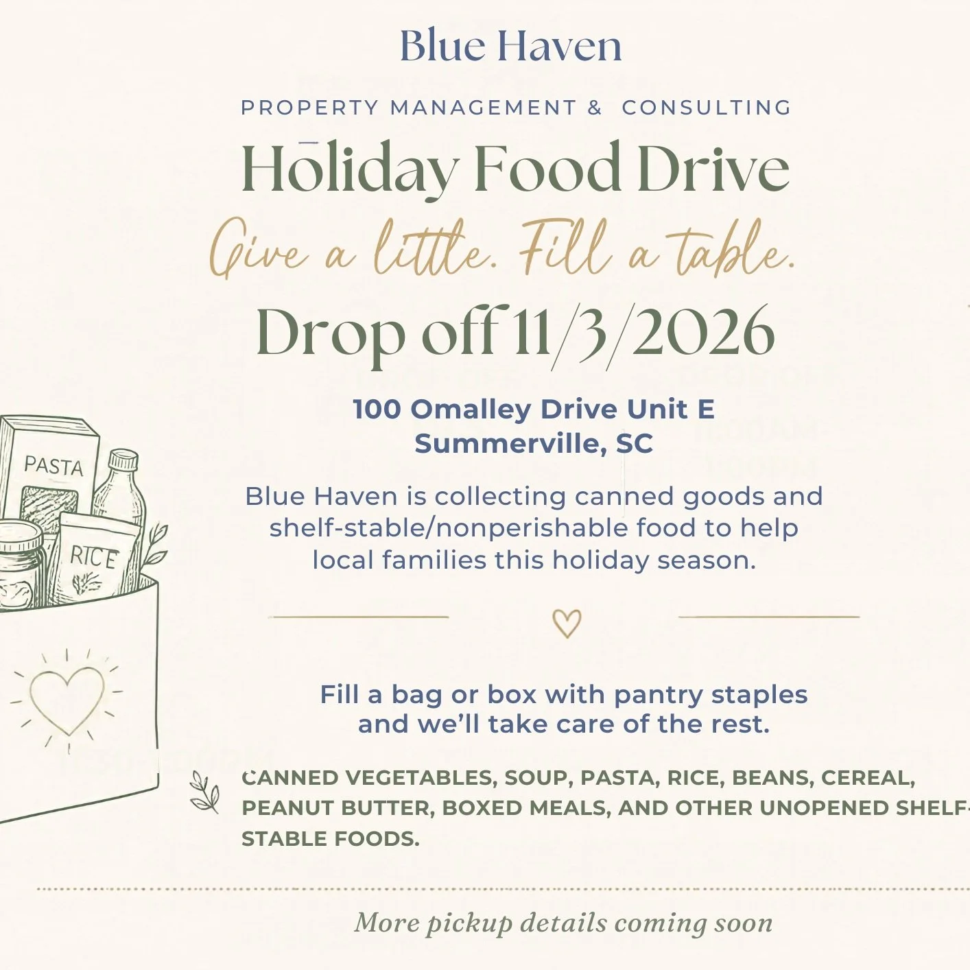 BLUE HAVEN HOLIDAY FOOD DRIVE

Help us fill our community&rsquo;s tables this holiday season. 💙

Tuesday, November 3, 2026
11:00 AM&ndash;12:30 PM - pickup can be arranged if timeframe doesn&rsquo;t work just let us know!

Drop off a bag of non-peri