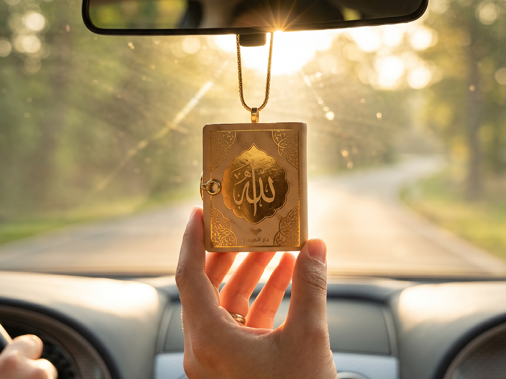 A person holds a decorative card with Arabic calligraphy hanging from a gold chain inside a car. The background shows the windshield with sunlight and trees, indicating it's daytime.