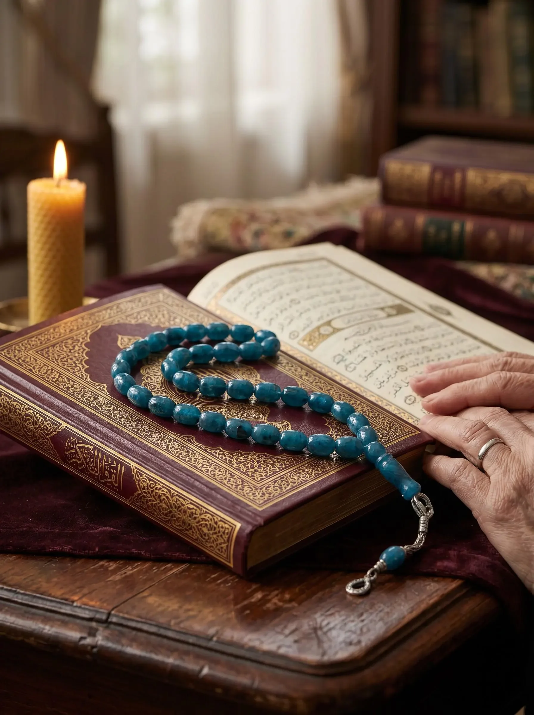 An open book with Arabic script, a blue prayer bead necklace, and a lit yellow candle on top of a decorative book cover, with a person's hand near the book, on a dark wooden table.