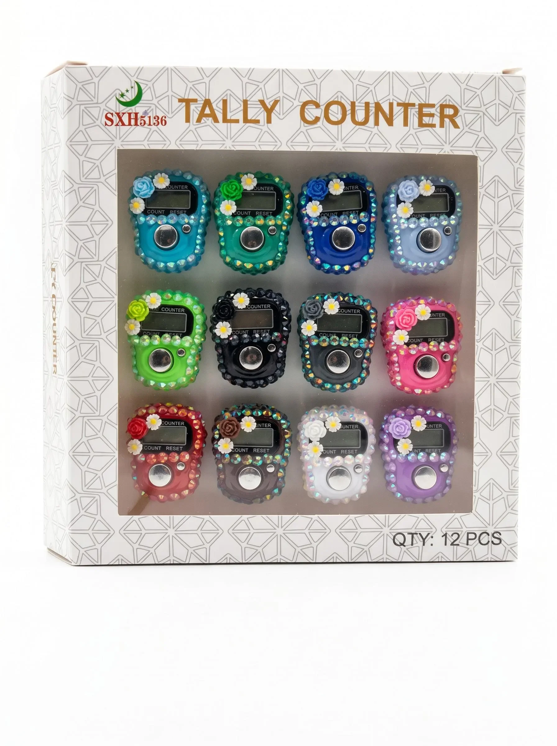 A box of 12 decorative digital tally counters with floral embellishments in various colors, arranged in a grid with three counters per row and four rows.