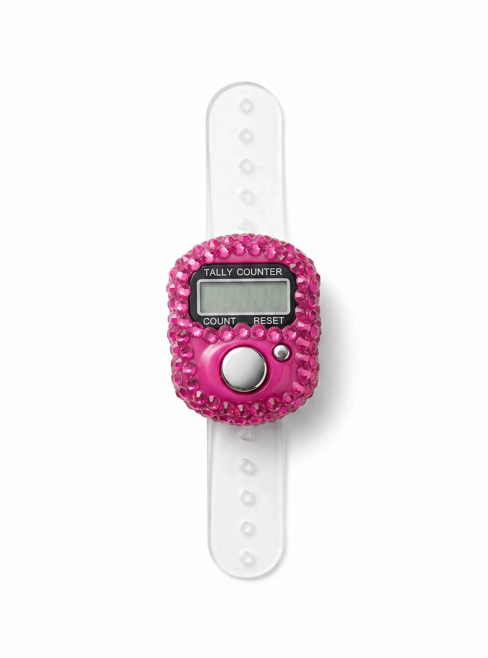 Pink digital tally counter with rhinestones around the edge, displaying an LCD screen, attached to a transparent plastic strap.