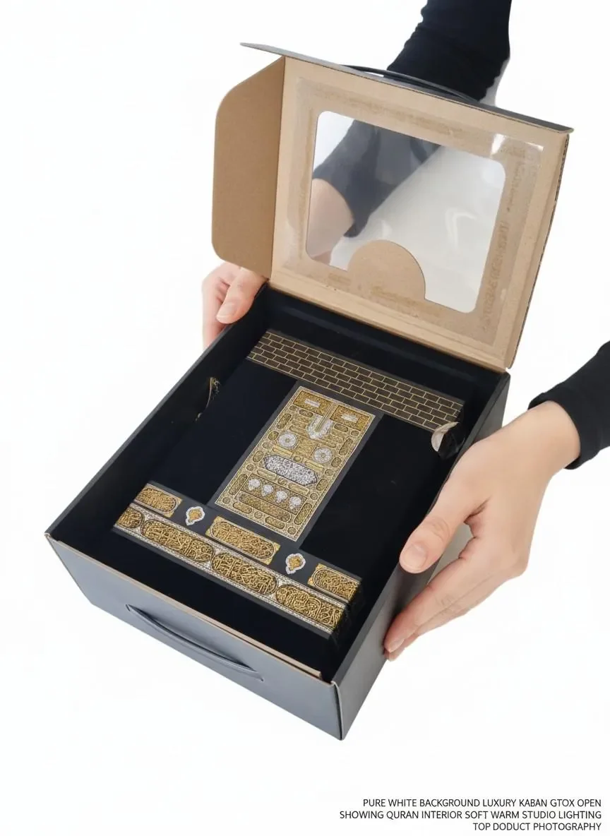 A person opens a luxury Kaban GTOX box with intricate gold and silver Quran-themed stickers inside.