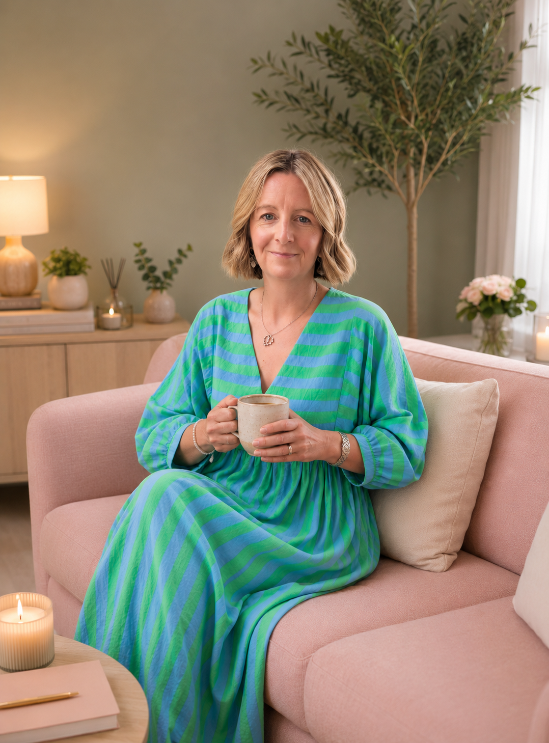 A woman with shoulder-length blonde hair, wearing a blue and green striped dress, sits on a pink sofa holding a beige mug, in a cozy living room decorated with candles, plants, and flowers.