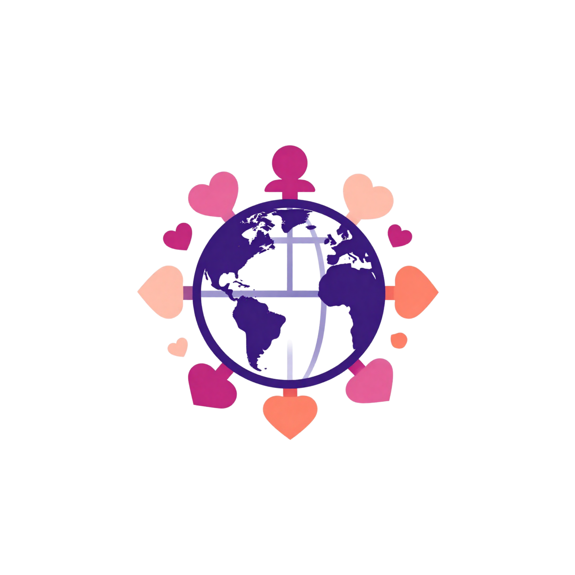 World globe surrounded by pink and peach hearts and human icons, symbolizing global love and connection.