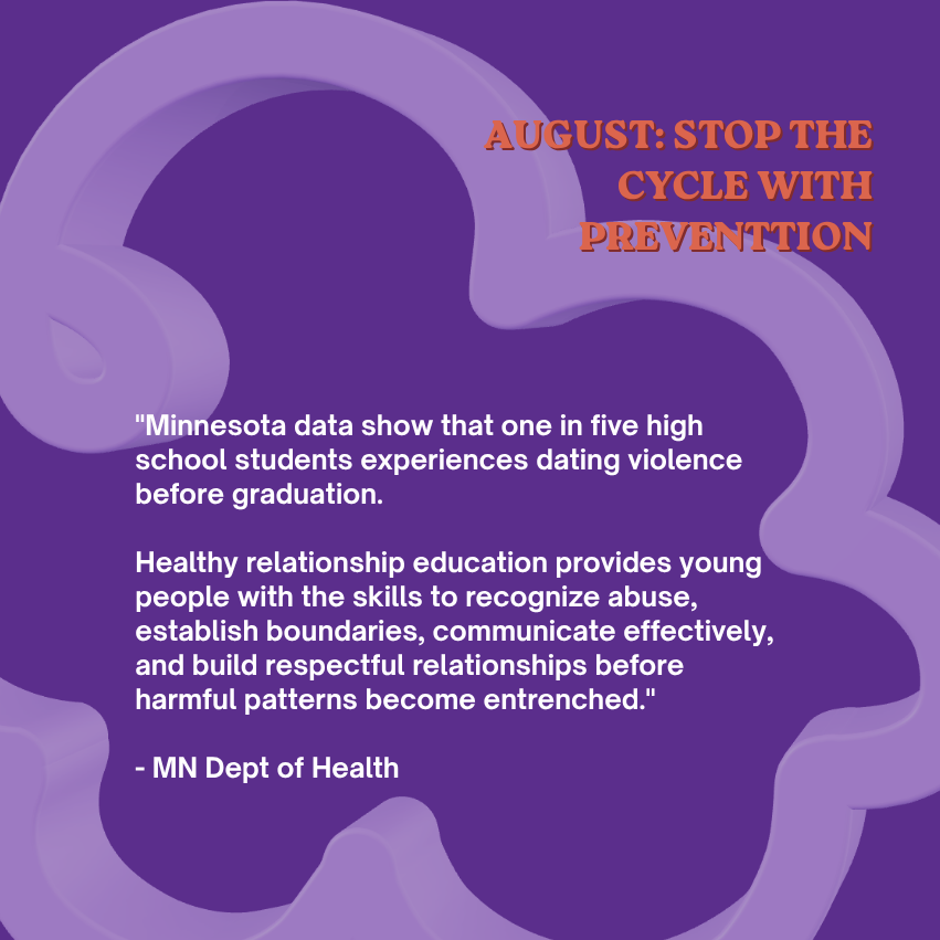 Purple ribbons form a background with orange and white text about preventing dating violence among high school students, emphasizing education and healthy relationships.