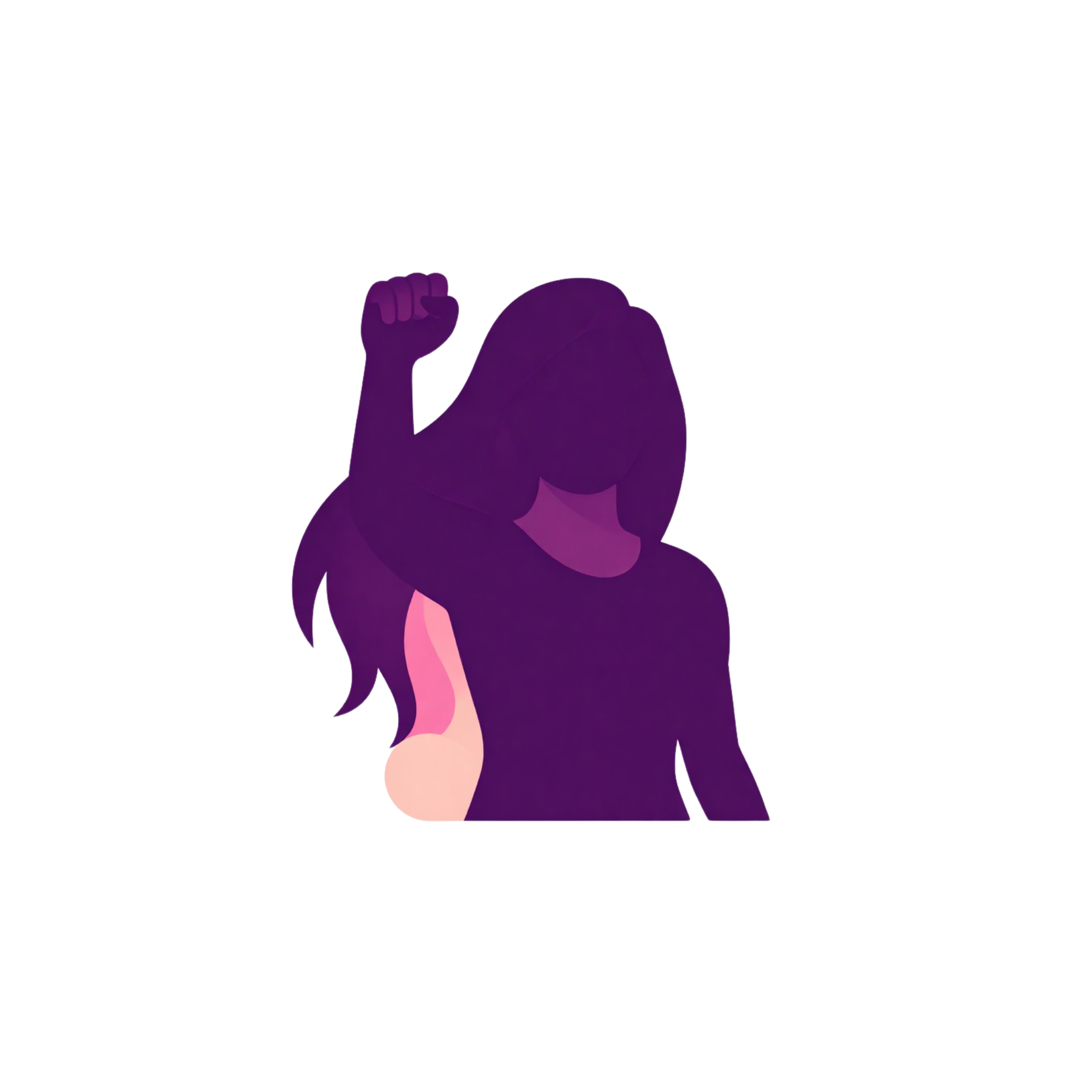 Silhouette of a woman with clenched fist raised, rendered in purple and pink hues against a white background.