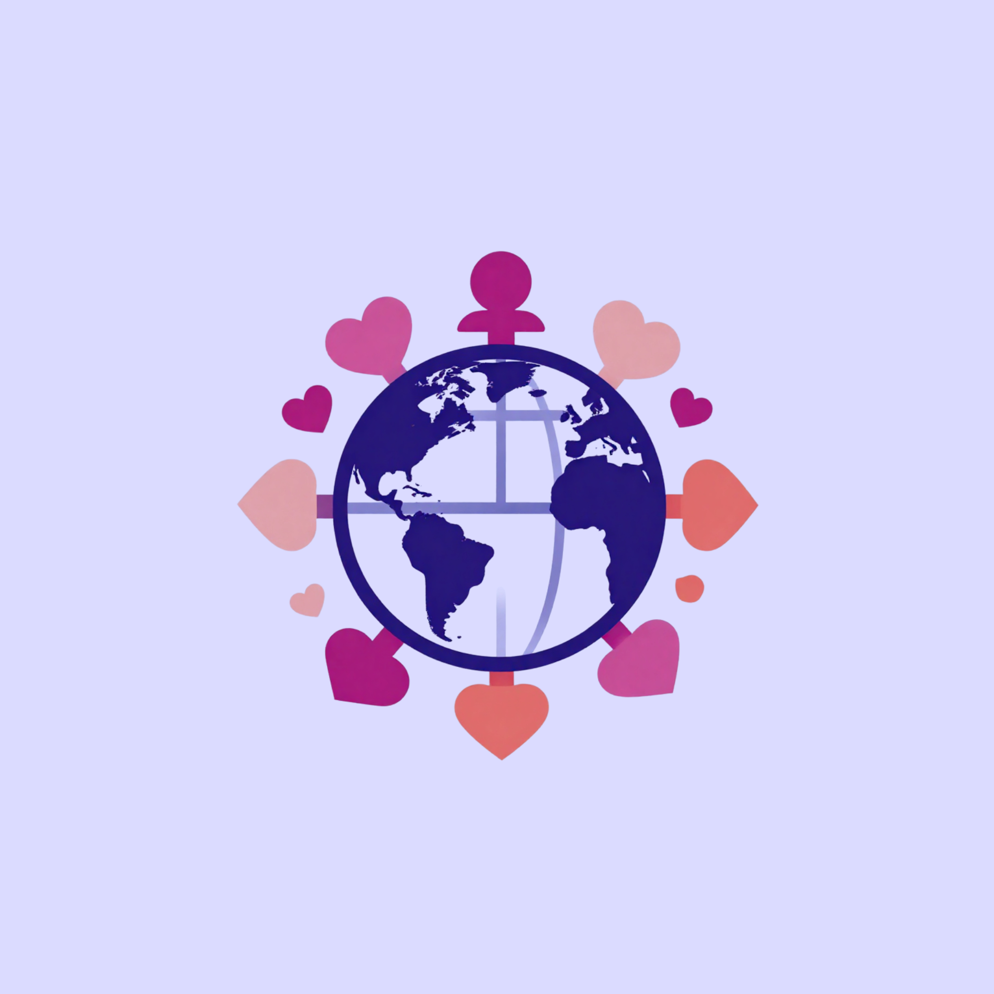 A globe of the Earth surrounded by pink and purple hearts and human figures, symbolizing love and unity worldwide.