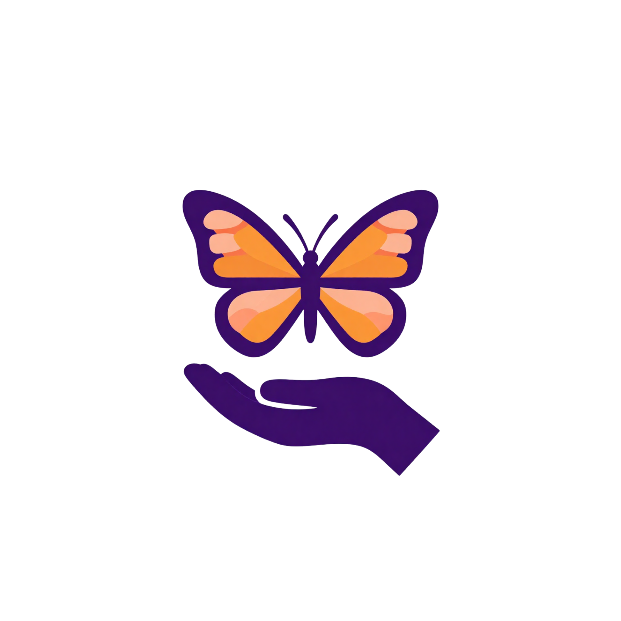 A butterfly with orange and purple wings resting on an outstretched human hand.