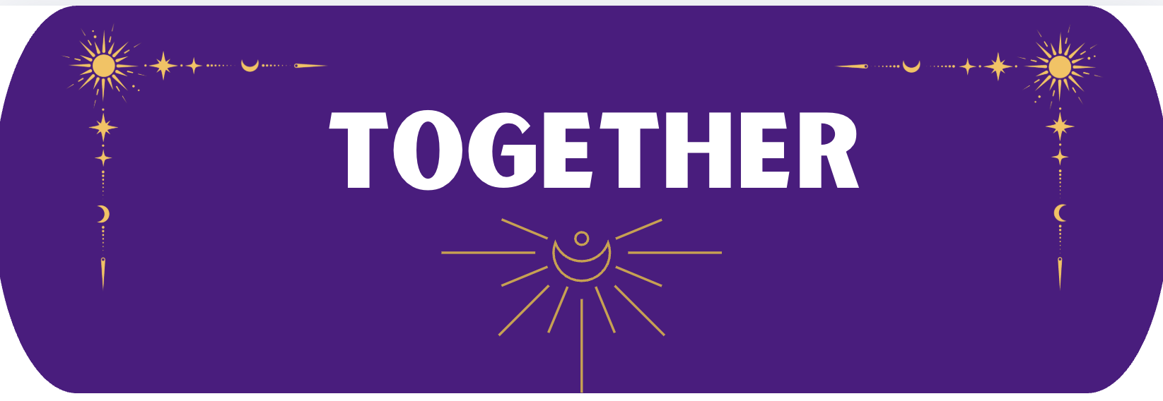 Purple background with gold celestial symbols and the word 'Together' in white uppercase letters in the center.