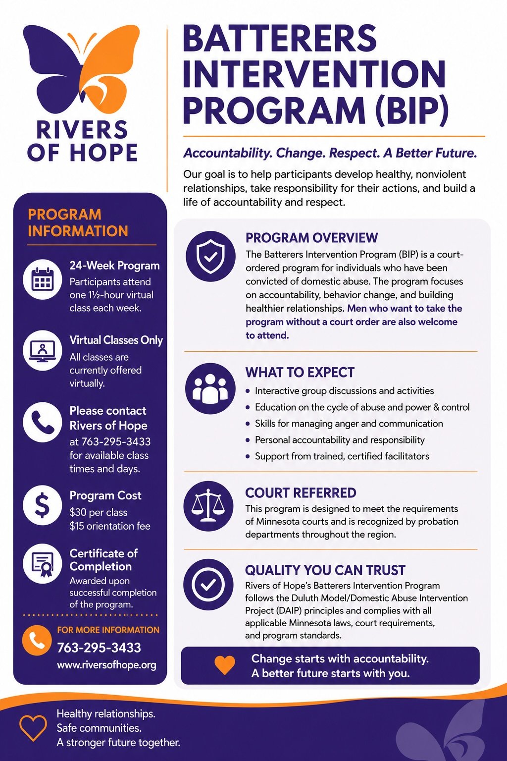 Flyer for Rivers of Hope Batterers Intervention Program (BIP) with program details, contact info, and organizational branding including butterfly logo.
