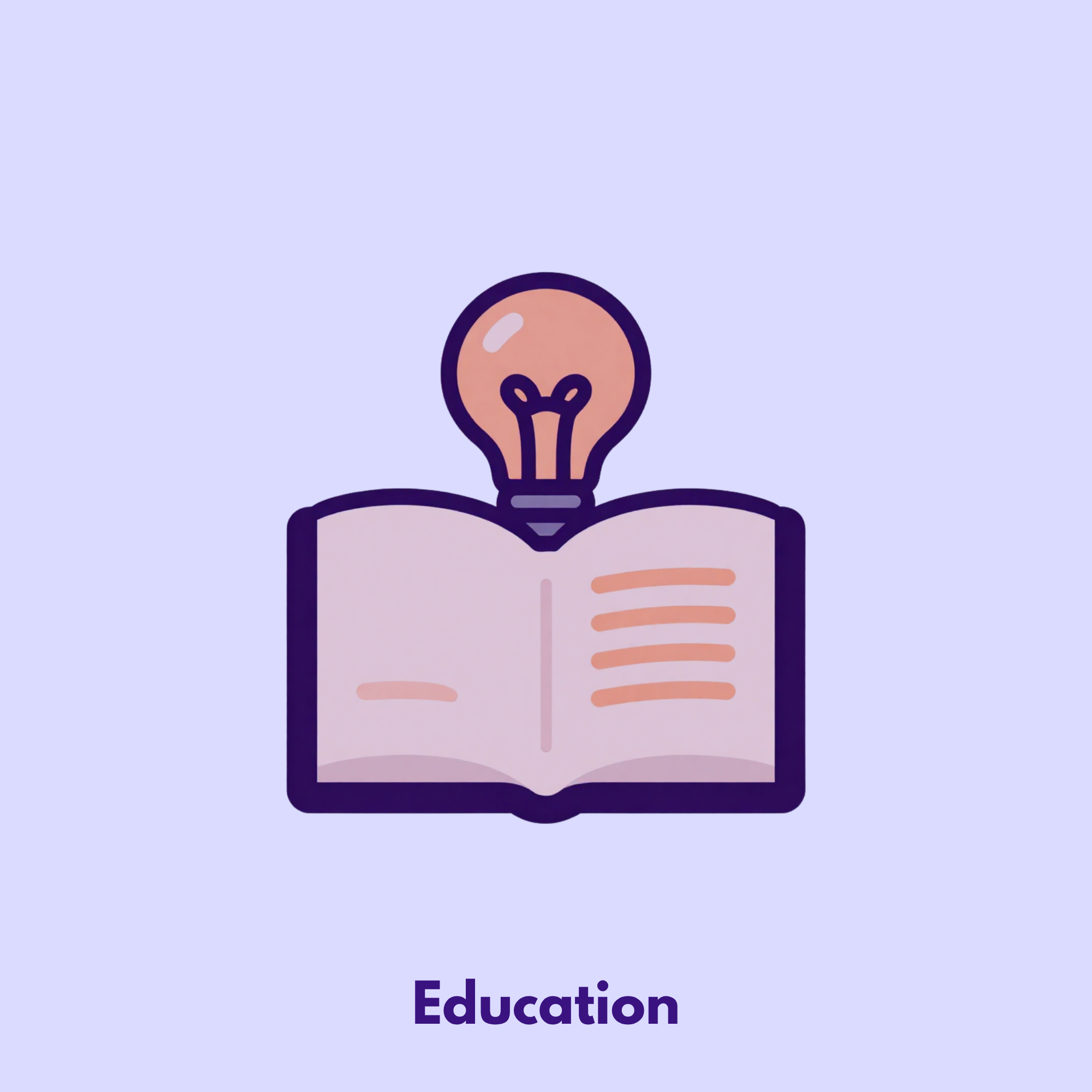 A digital illustration of a light bulb emerging from an open book with the word 'Education' written below. The background is light purple.