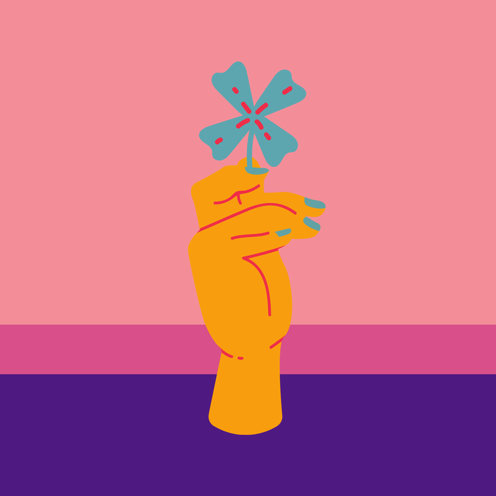 Digital illustration of a hand holding a four-leaf clover with a rainbow gradient background.