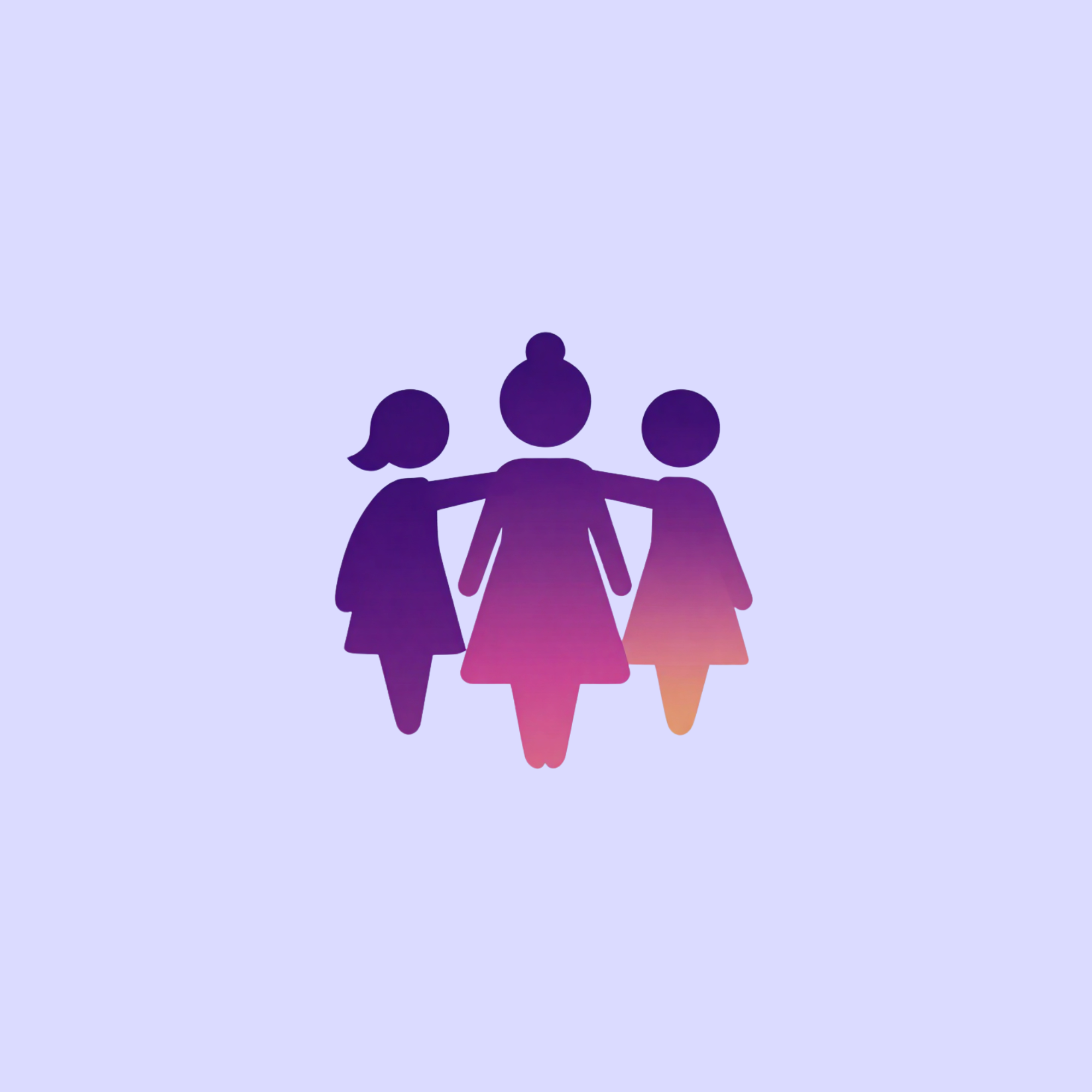 Silhouette of five women standing together with their arms around each other, shown in front of a gradient purple and blue background.