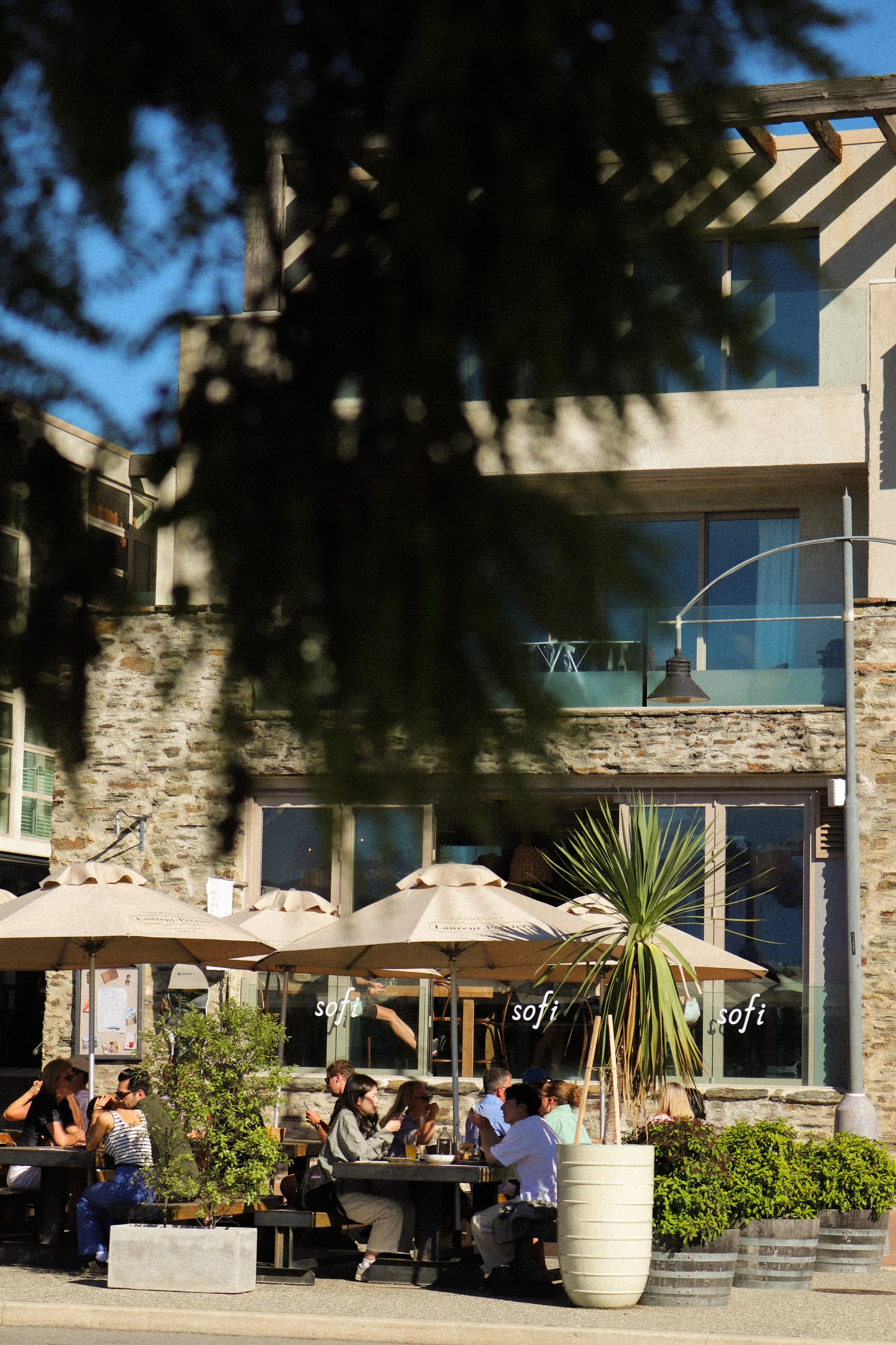 People dining outside at a restaurant called Sofi with umbrellas and potted plants on a sunny day.