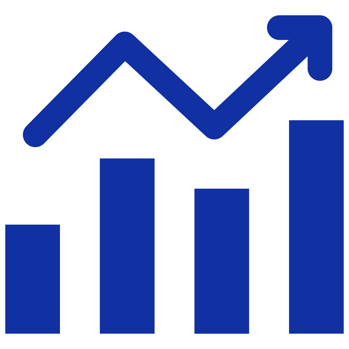 Blue bar graph with increasing bars and a rising arrow indicating growth or upward trend.