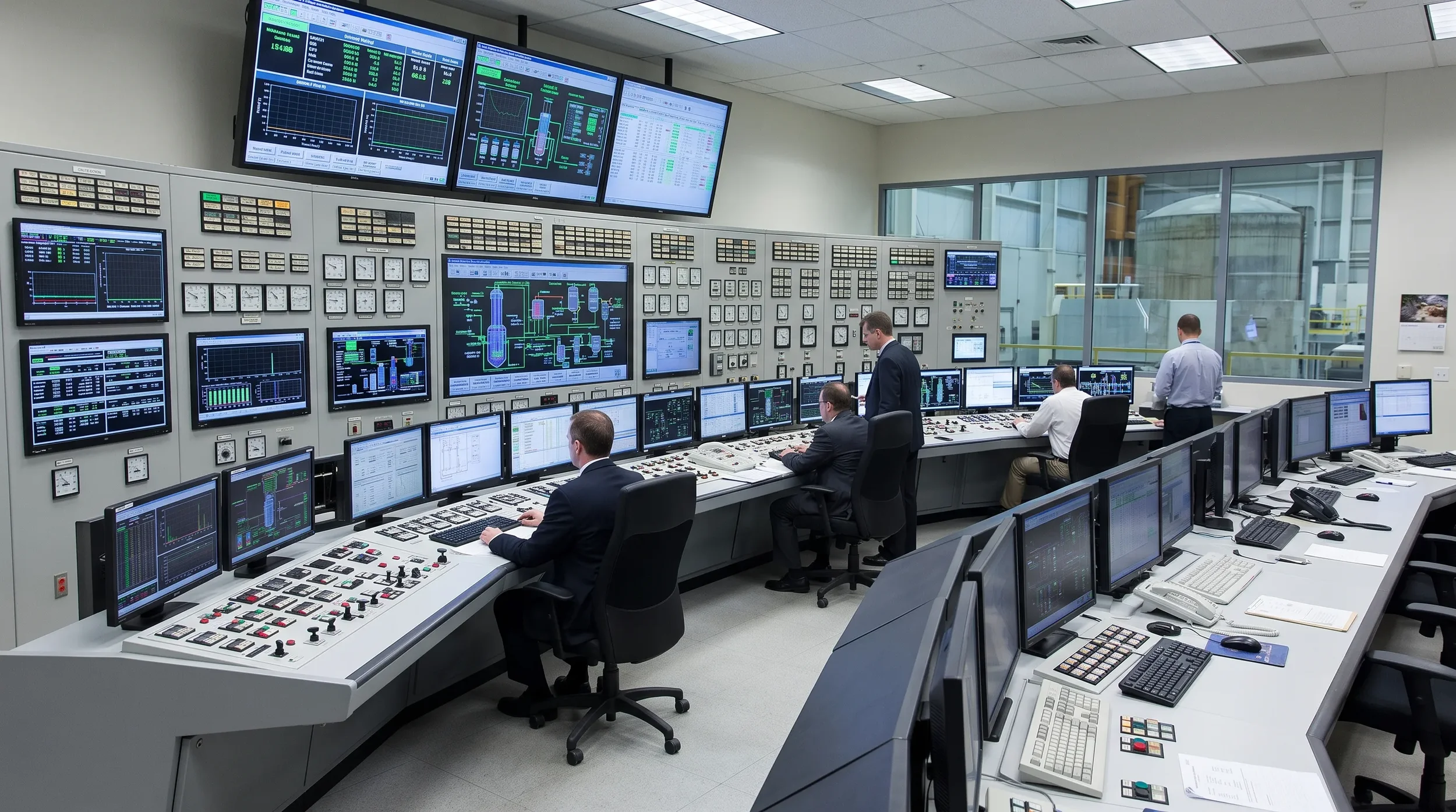 Control room with multiple monitors displaying graphs, data, and diagrams, where several engineers or operators are seated and working at consoles with buttons, switches, and keyboards.
