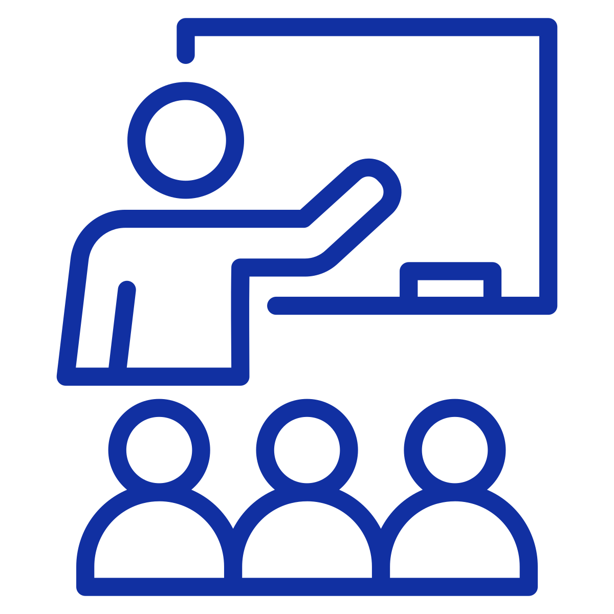 Icon of a person presenting to three people in front of a blackboard.