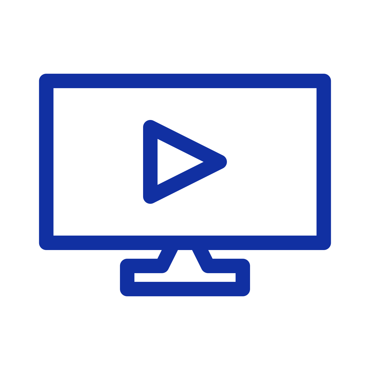 Computer monitor icon with a play button symbol in the center, outlined in blue on a black background.