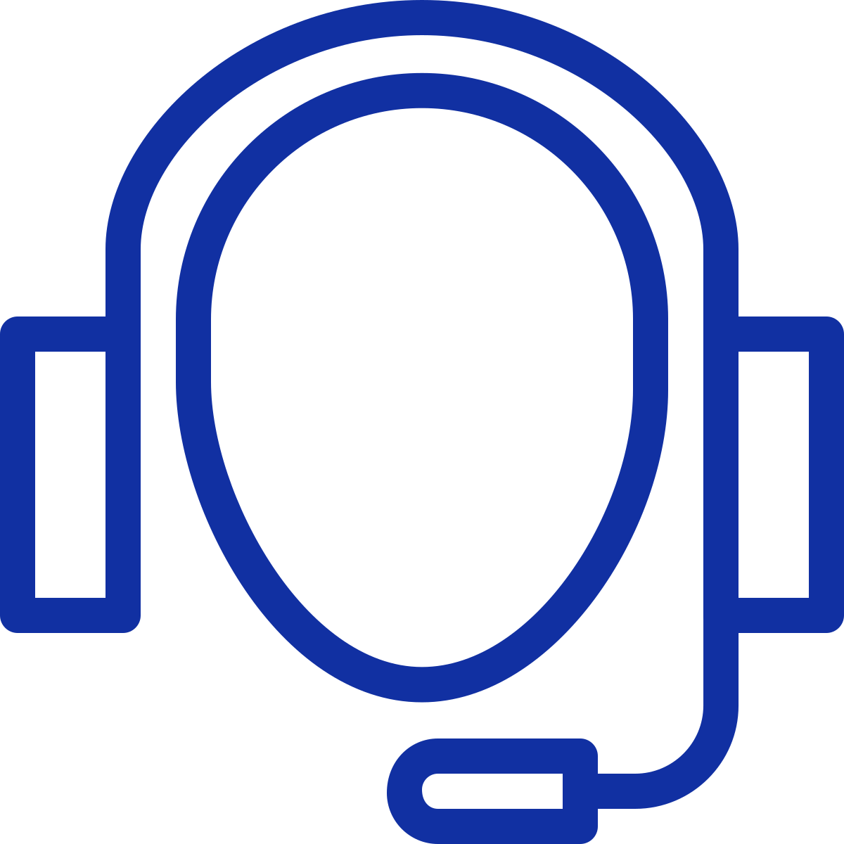 Icon of a headset with a microphone, outlined in blue.