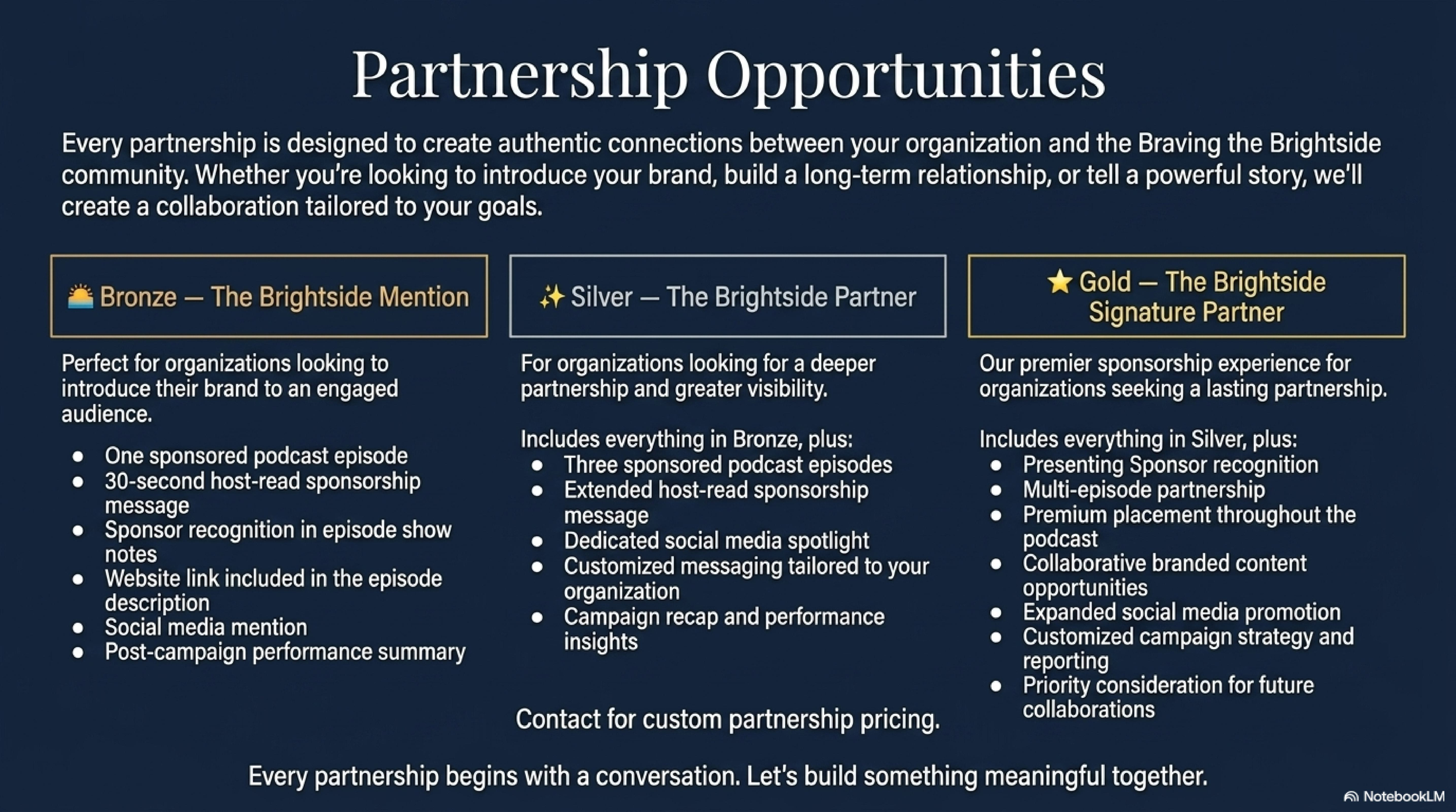 A digital screen displaying a webpage about partnership opportunities, offering different sponsorship levels: Bronze, Silver, and Gold, with descriptions of each level's benefits.