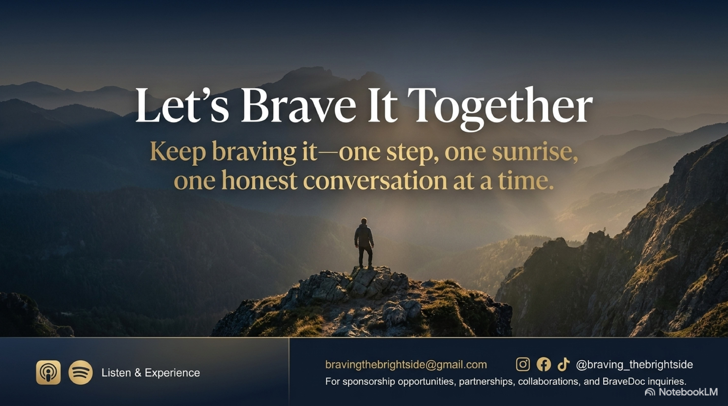 A person standing on a rocky outcrop overlooking a mountain range during sunrise, with the text 'Let's Brave It Together' and a motivational quote about perseverance and honest conversation.
